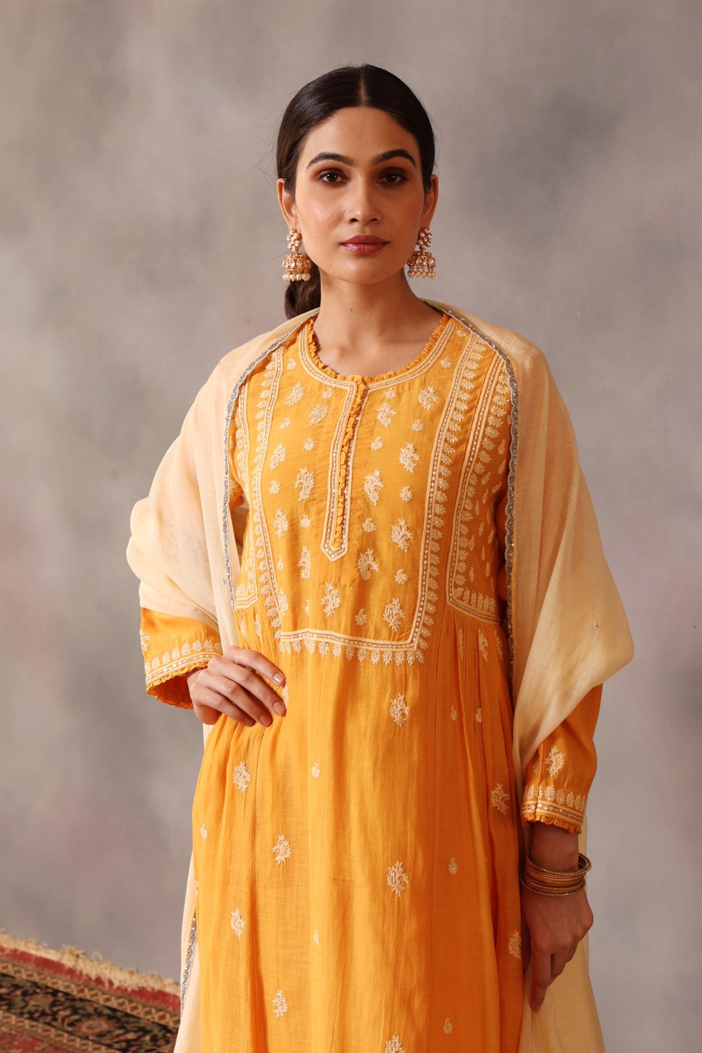 Hand Embroidered Mango Yellow Pure Cotton Silk Kurta Pants Set