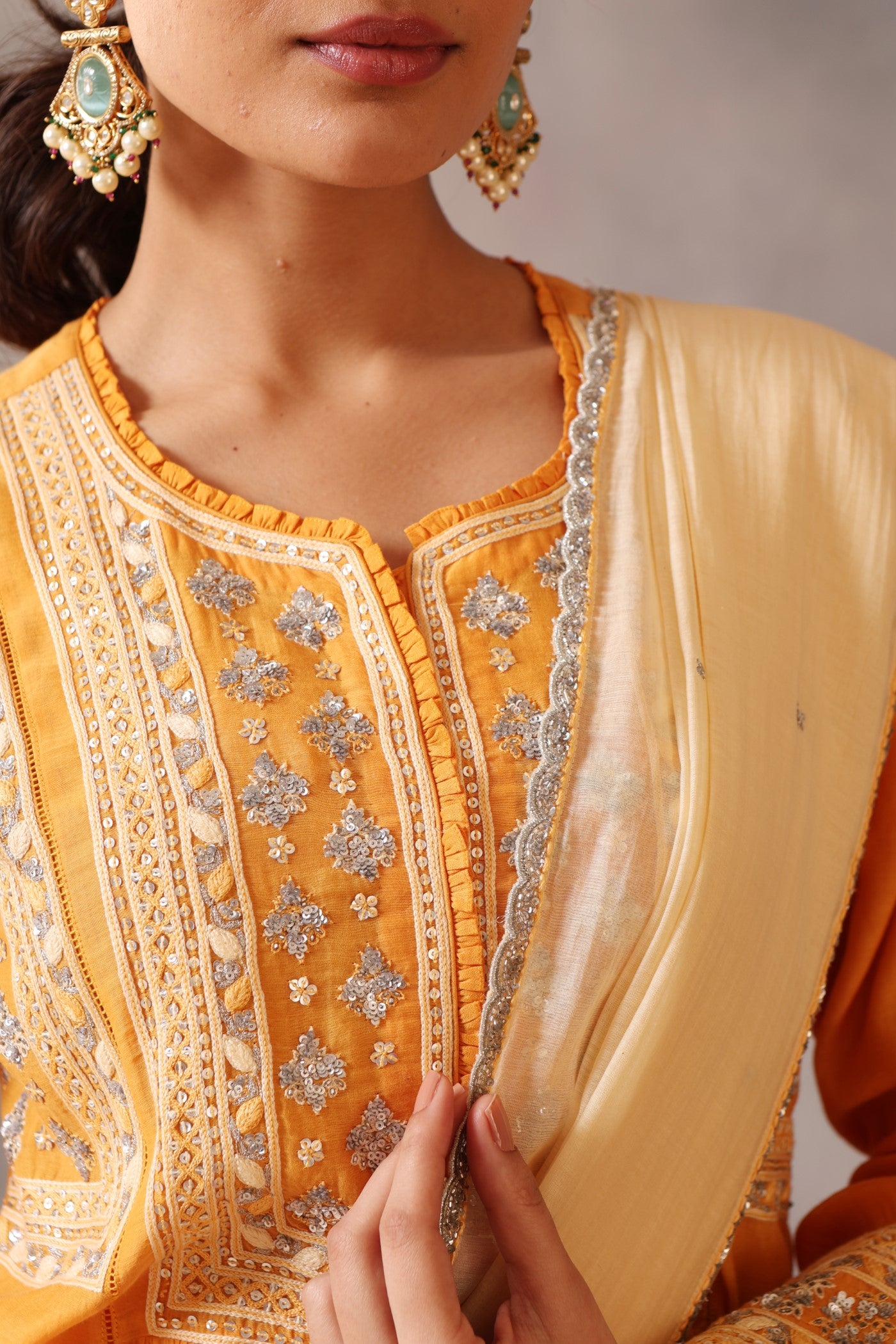 Hand Embroidered Mango Yellow Pure Cotton Silk Kurta Pants Set