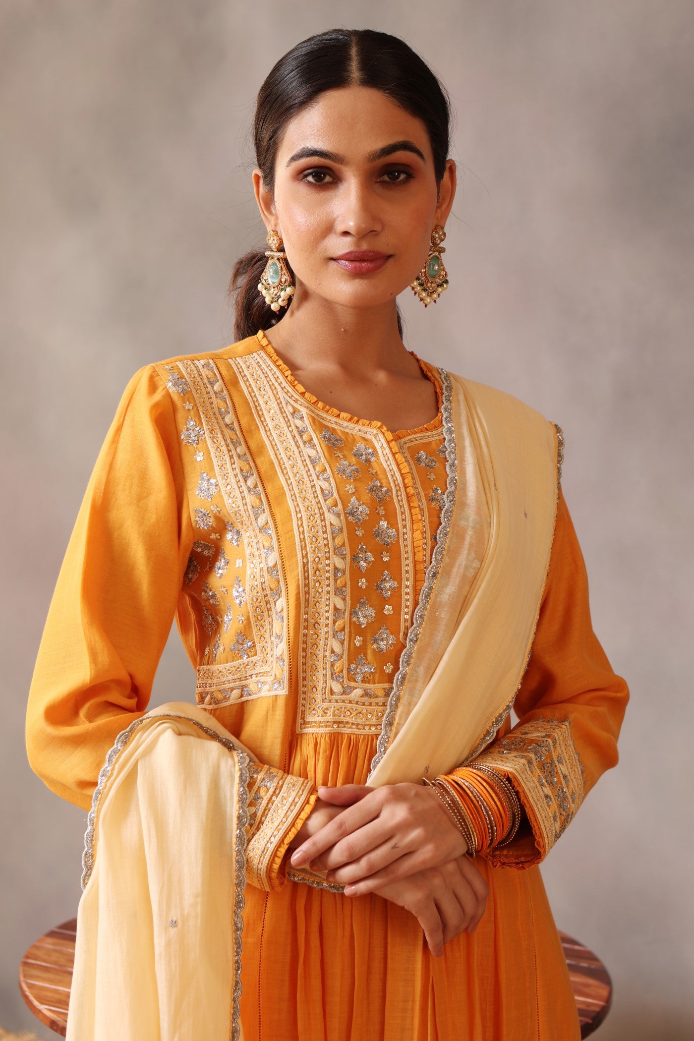 Hand Embroidered Mango Yellow Pure Cotton Silk Kurta Pants Set