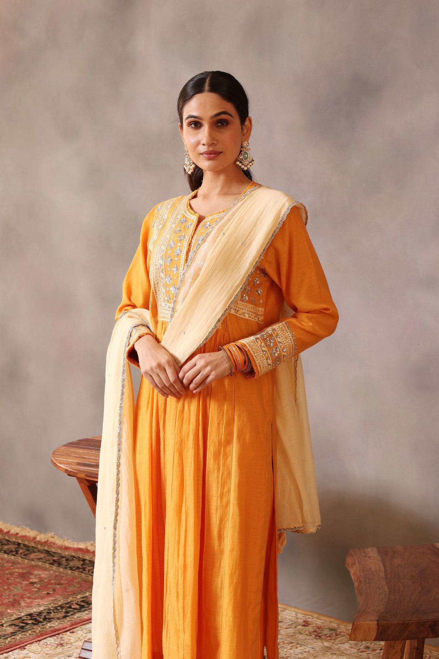 Hand Embroidered Mango Yellow Pure Cotton Silk Kurta Pants Set