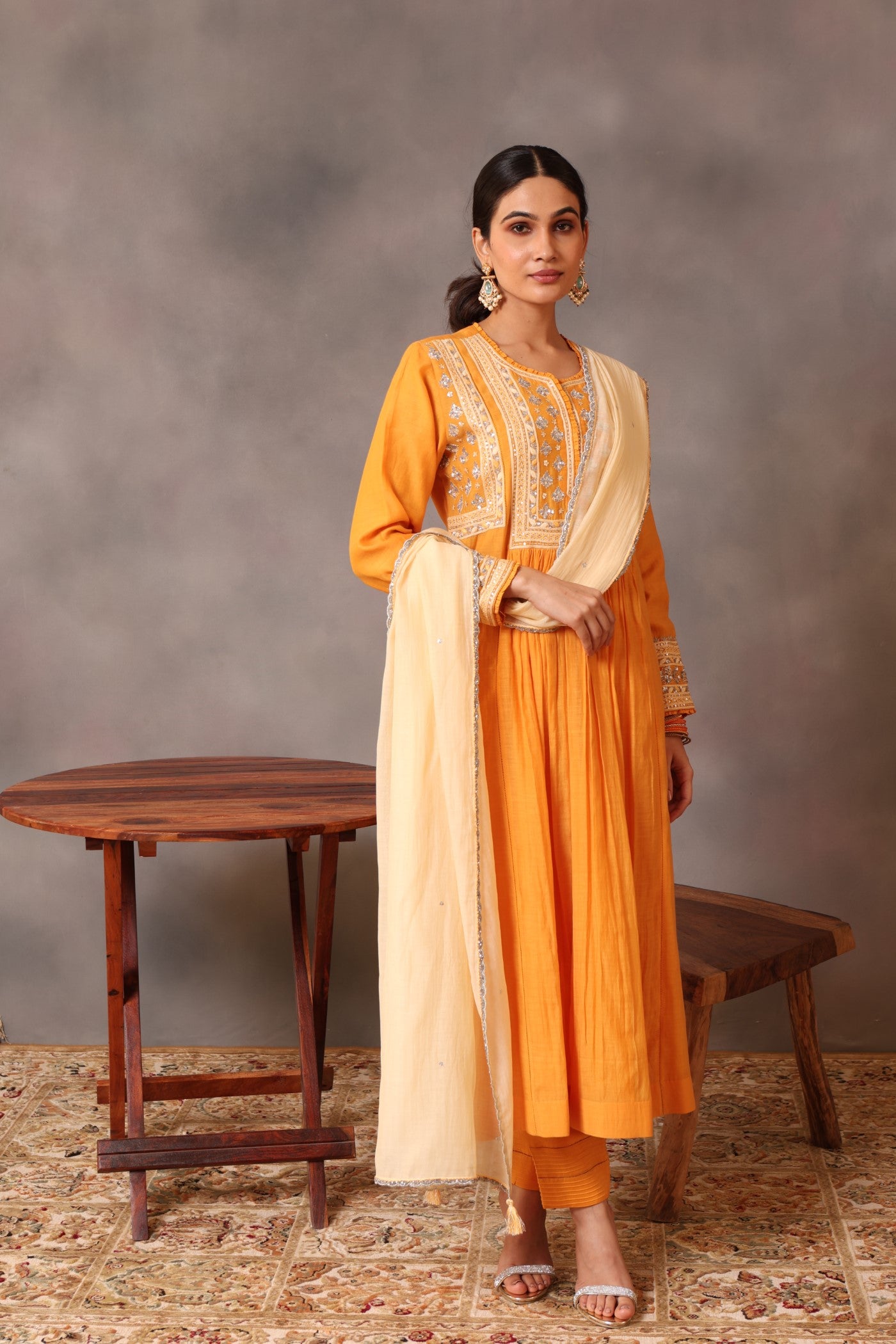 Hand Embroidered Mango Yellow Pure Cotton Silk Kurta Pants Set