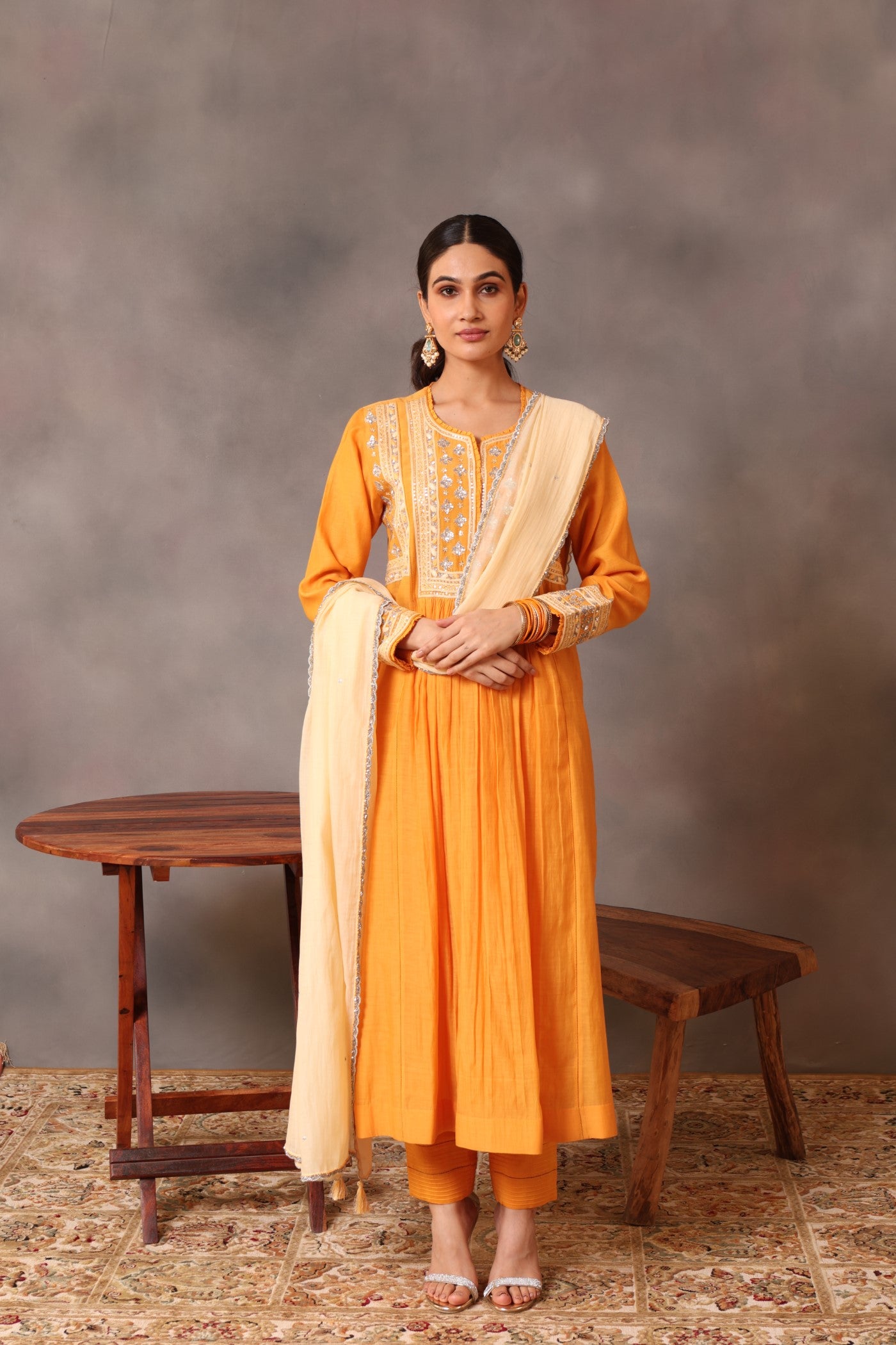 Hand Embroidered Mango Yellow Pure Cotton Silk Kurta Pants Set