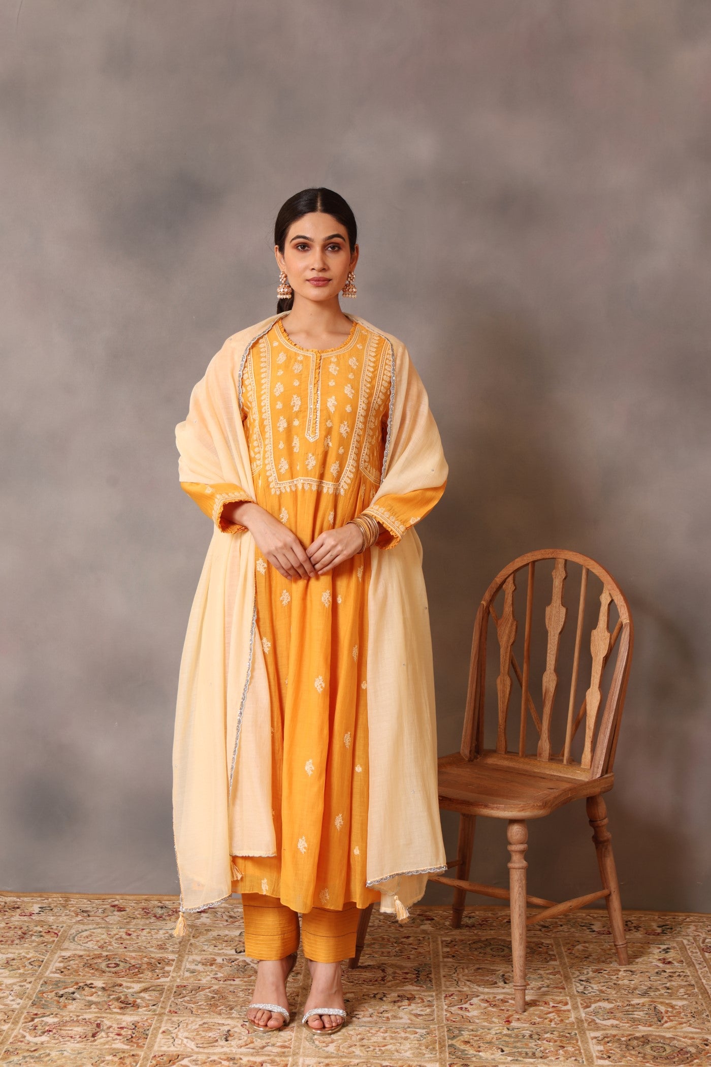 Hand Embroidered Mango Yellow Pure Cotton Silk Kurta Pants Set