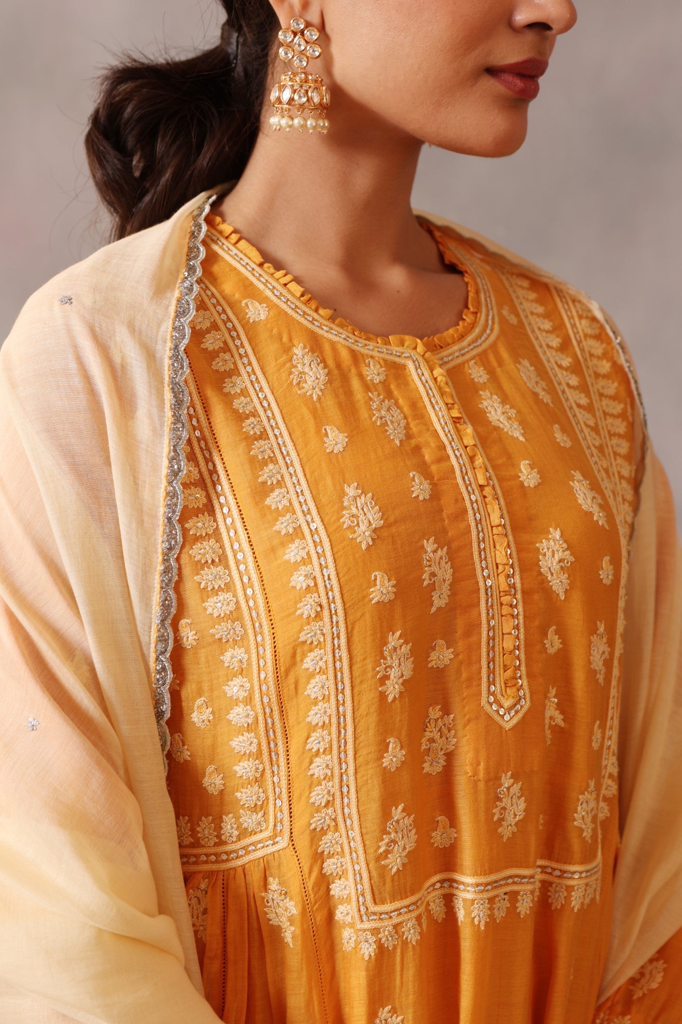 Hand Embroidered Mango Yellow Pure Cotton Silk Kurta Pants Set