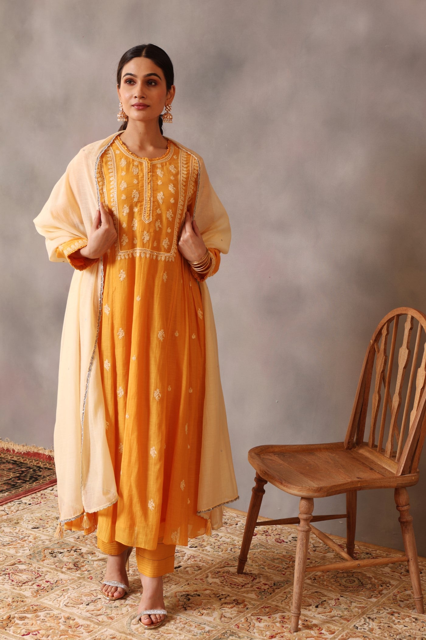 Hand Embroidered Mango Yellow Pure Cotton Silk Kurta Pants Set