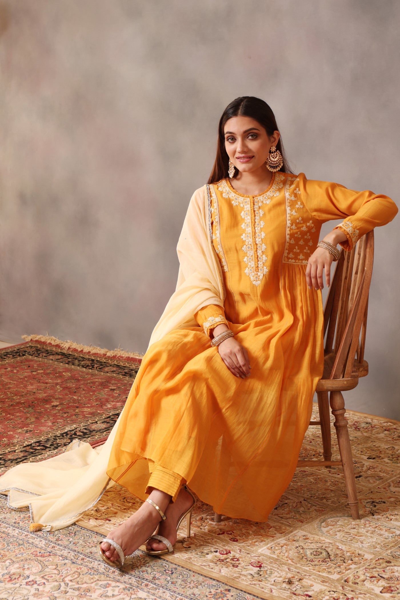 Hand Embroidered Mango Yellow Pure Cotton Silk Kurta Pants Set