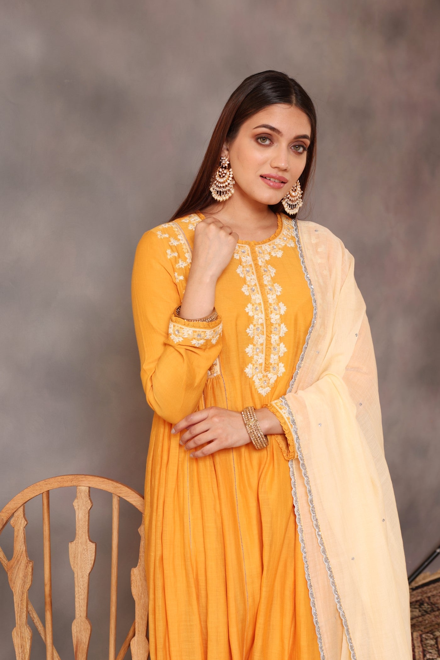Hand Embroidered Mango Yellow Pure Cotton Silk Kurta Pants Set
