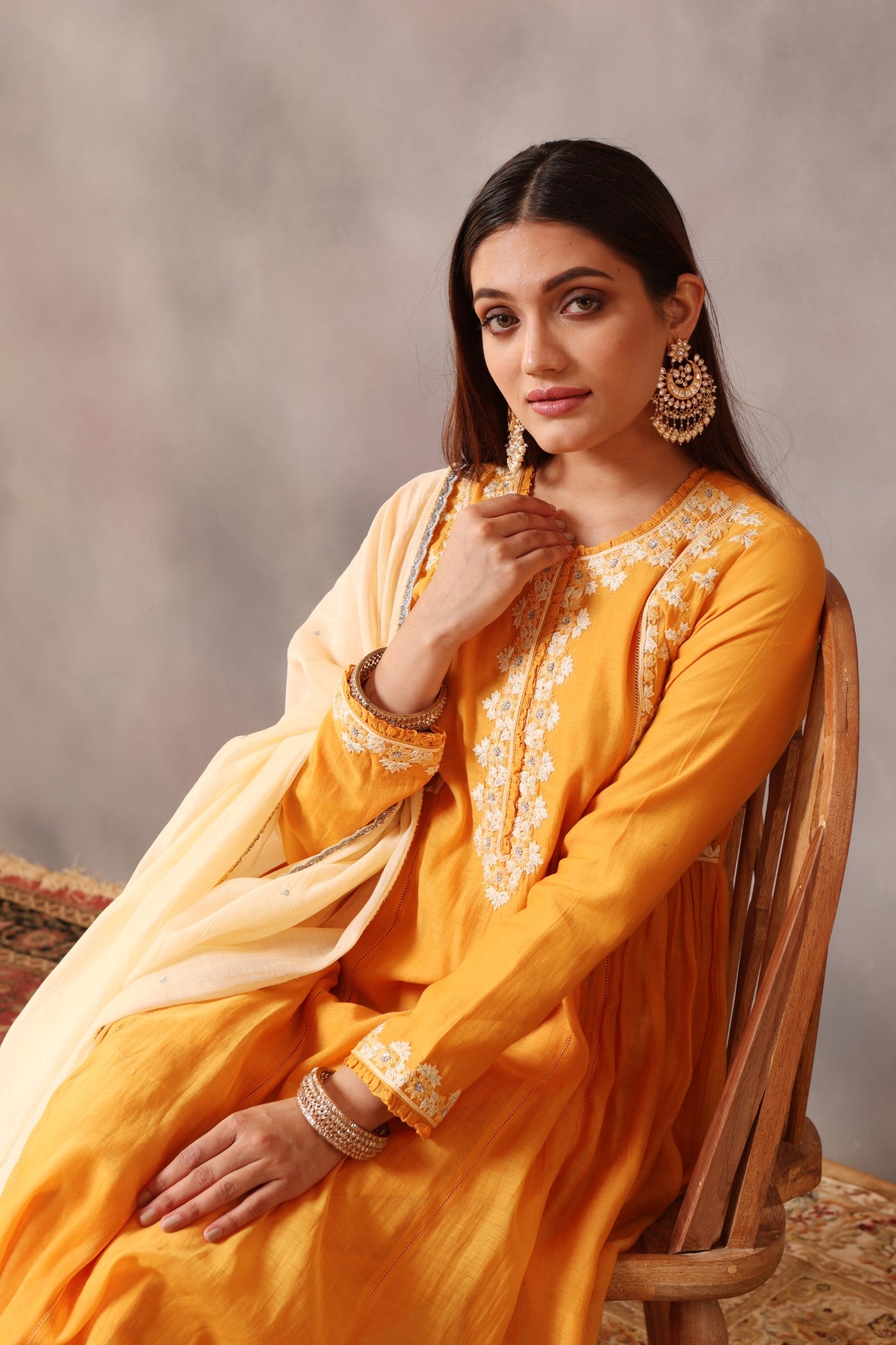 Hand Embroidered Mango Yellow Pure Cotton Silk Kurta Pants Set