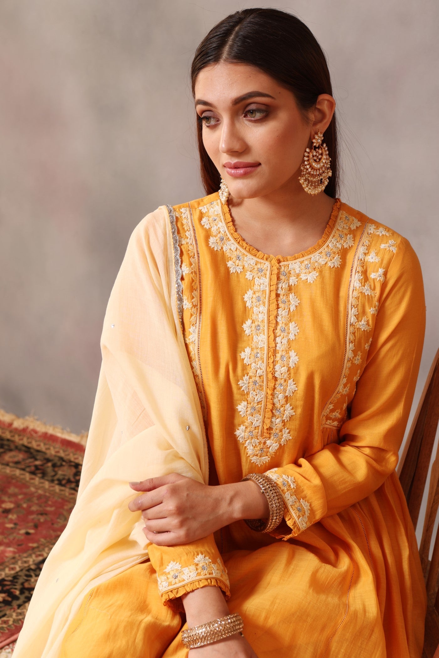 Hand Embroidered Mango Yellow Pure Cotton Silk Kurta Pants Set