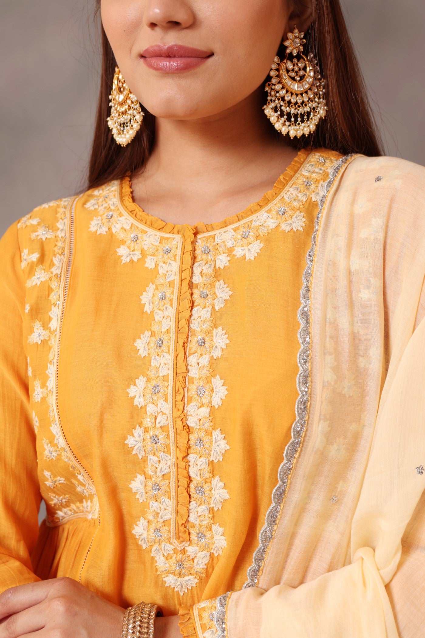 Hand Embroidered Mango Yellow Pure Cotton Silk Kurta Pants Set