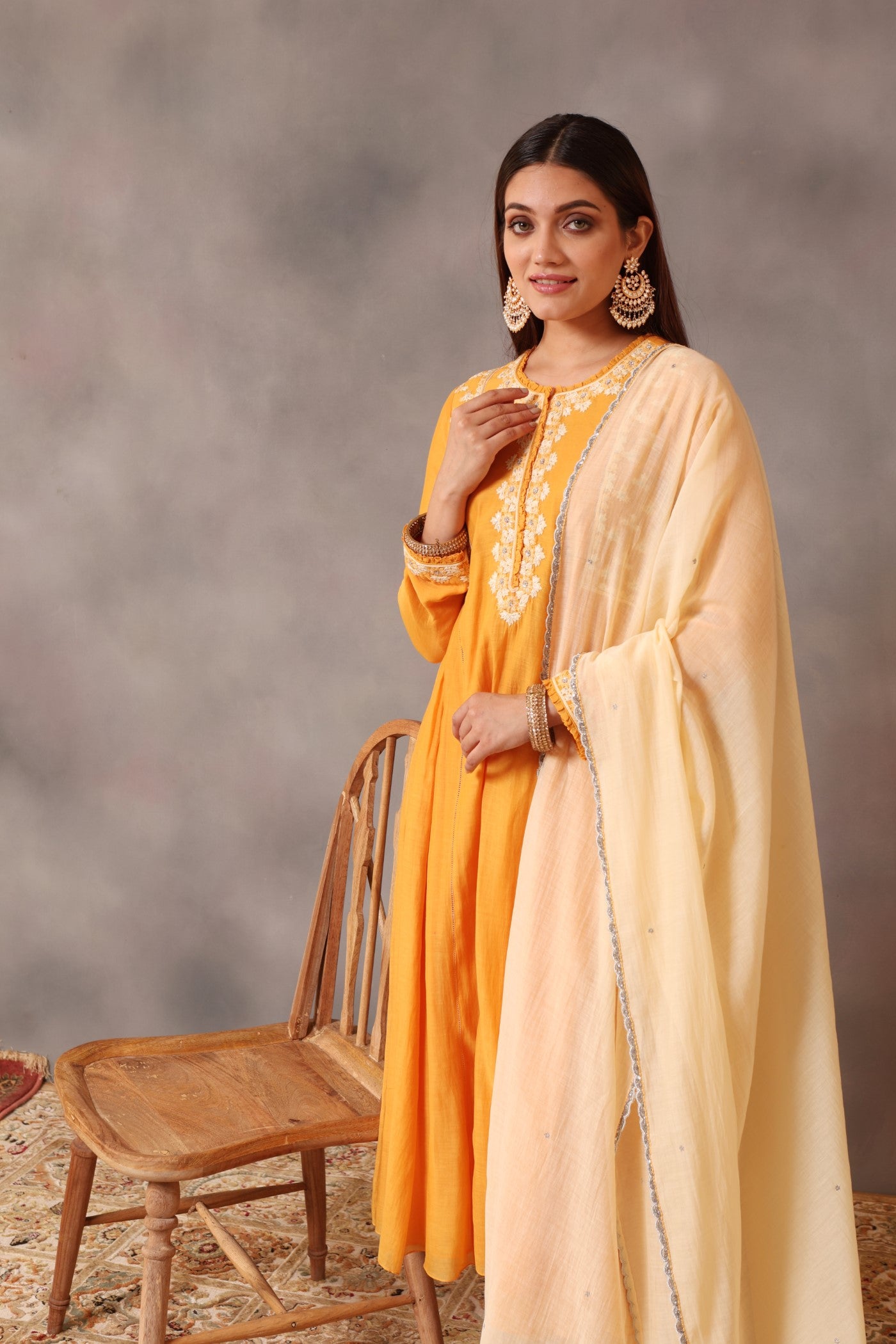 Hand Embroidered Mango Yellow Pure Cotton Silk Kurta Pants Set
