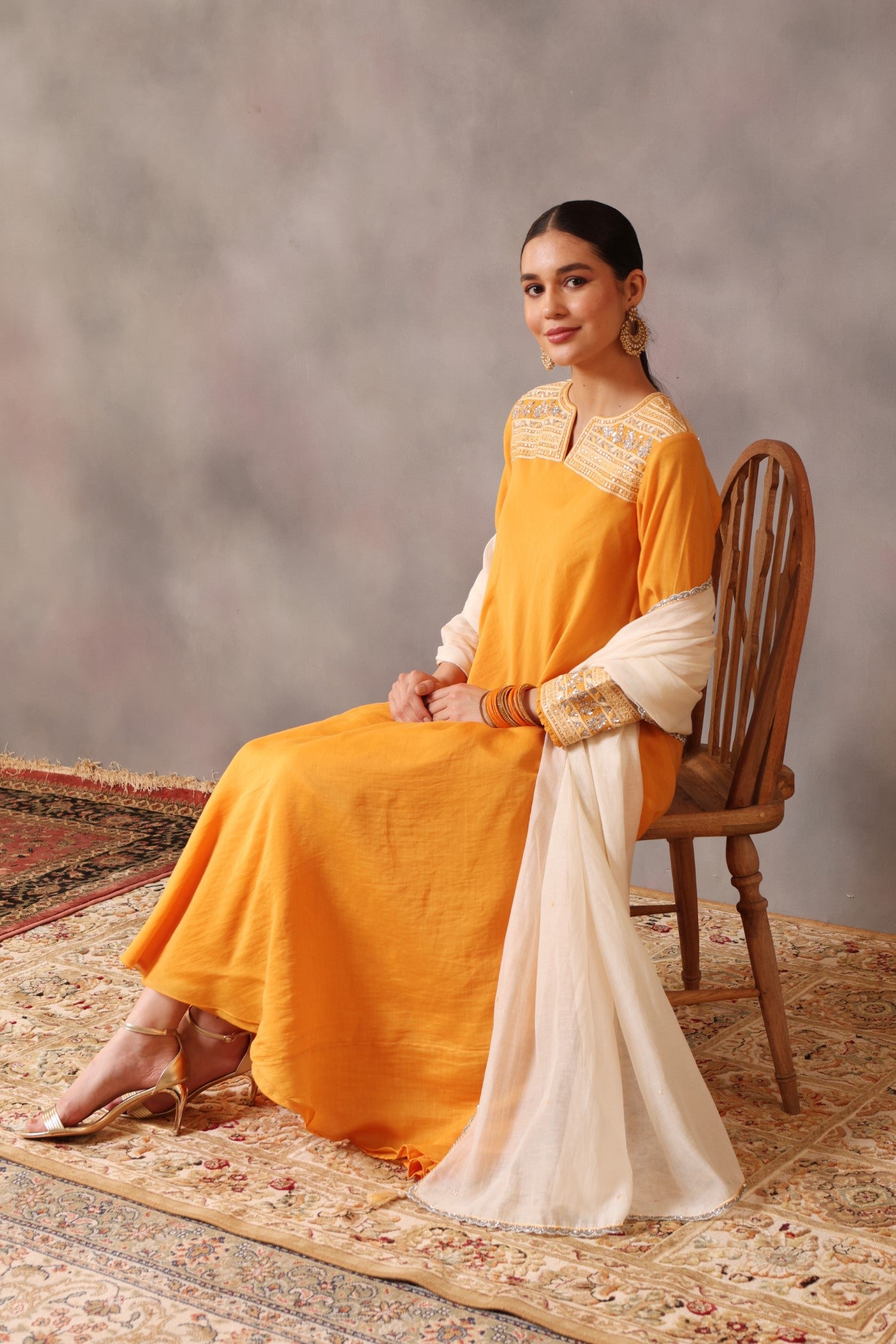 Hand Embroidered Mango Yellow Pure Cotton Silk Kurta Pants Set