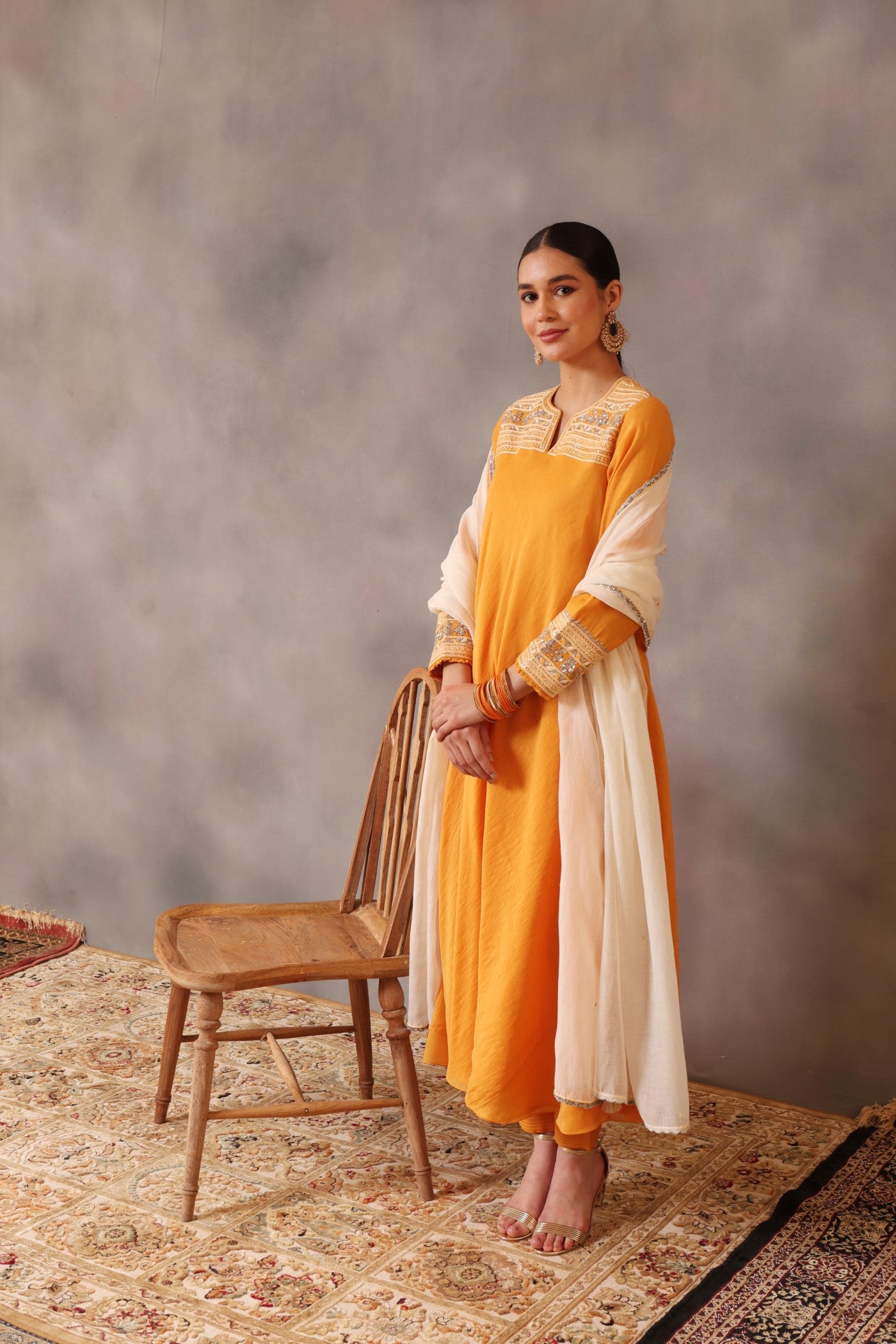Hand Embroidered Mango Yellow Pure Cotton Silk Kurta Pants Set