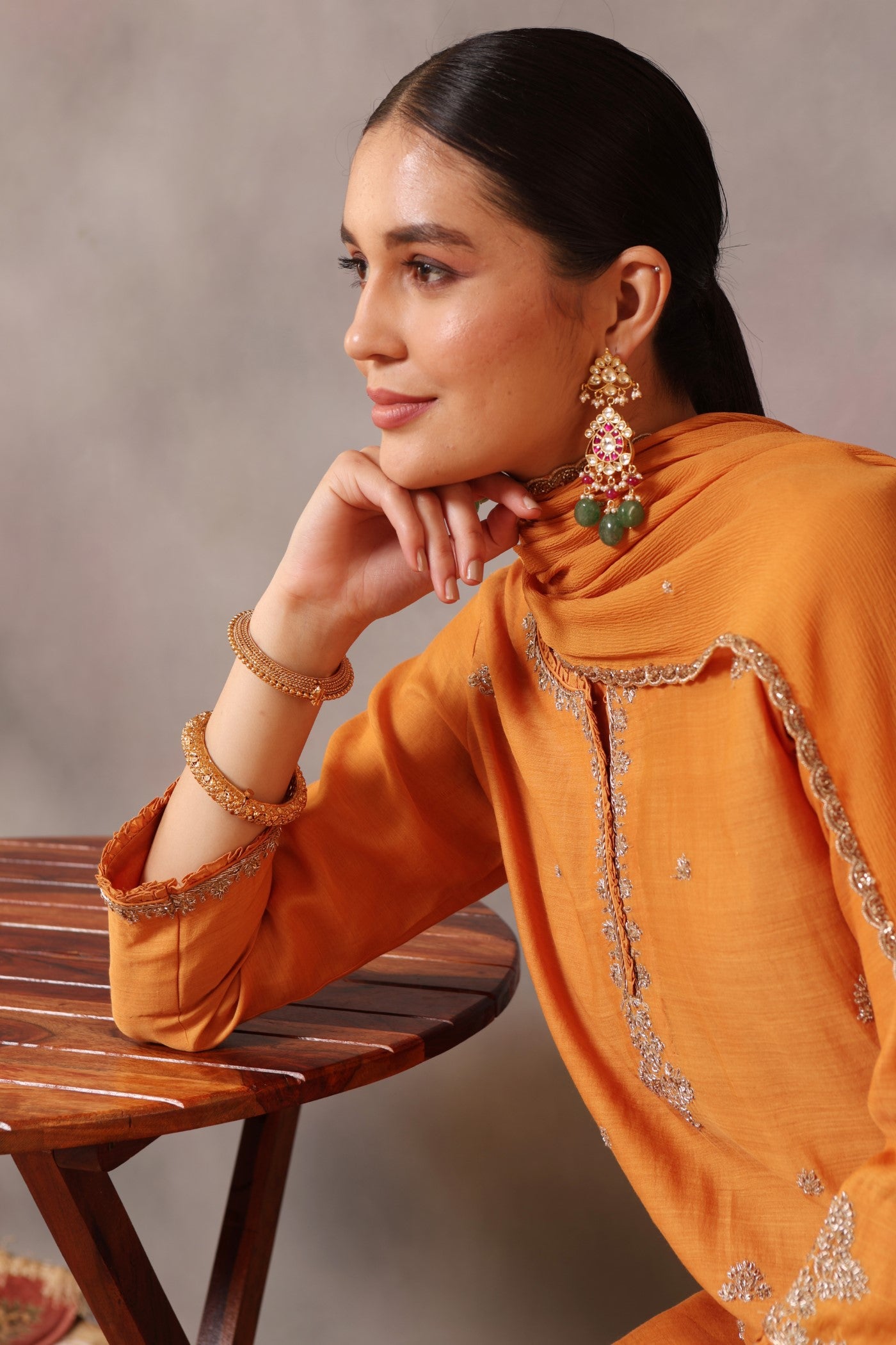 Hand Embroidered Dusty Mango Yellow Pure Cotton Silk Short Kurta Salwar Set