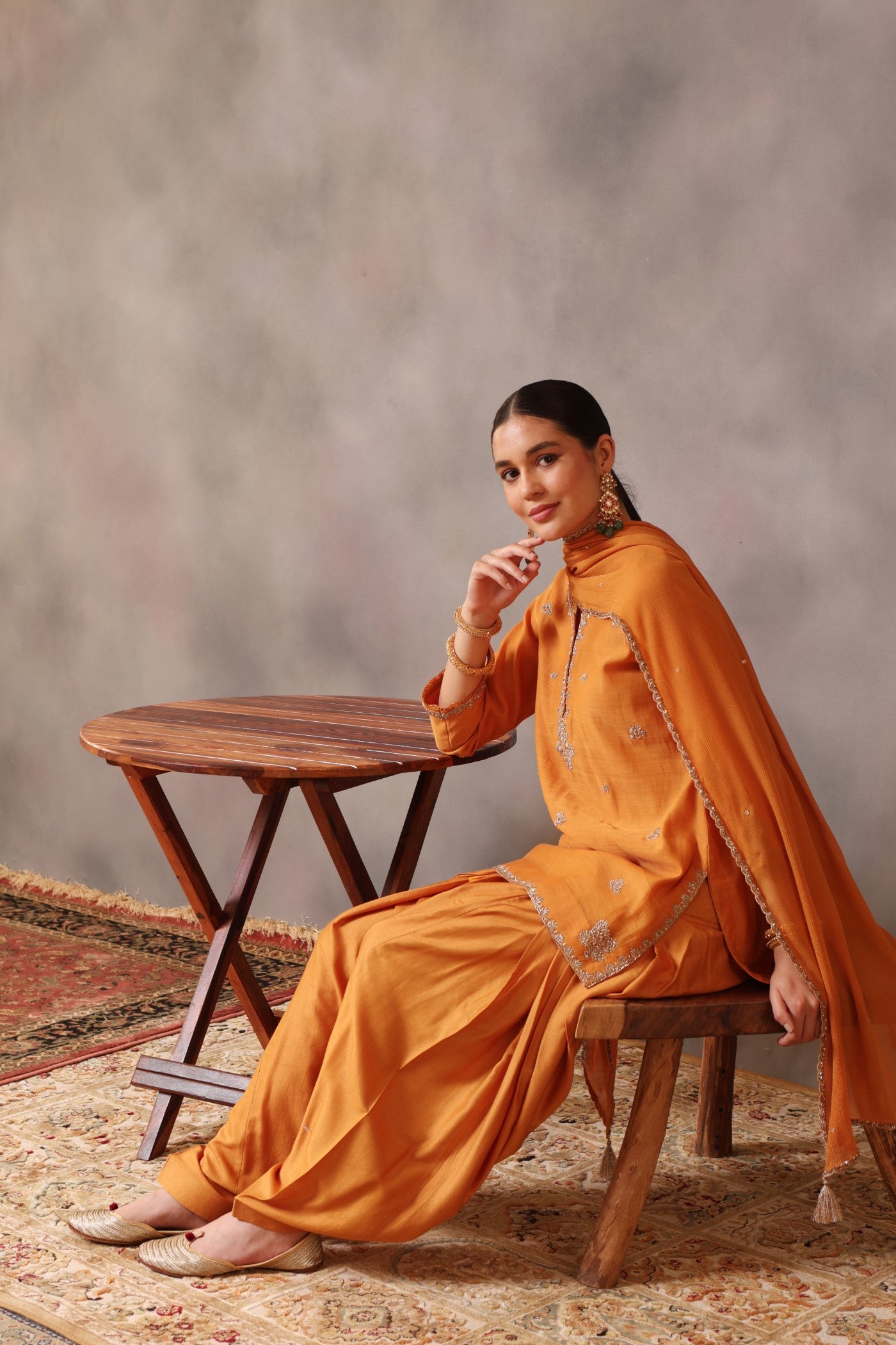 Hand Embroidered Dusty Mango Yellow Pure Cotton Silk Short Kurta Salwar Set