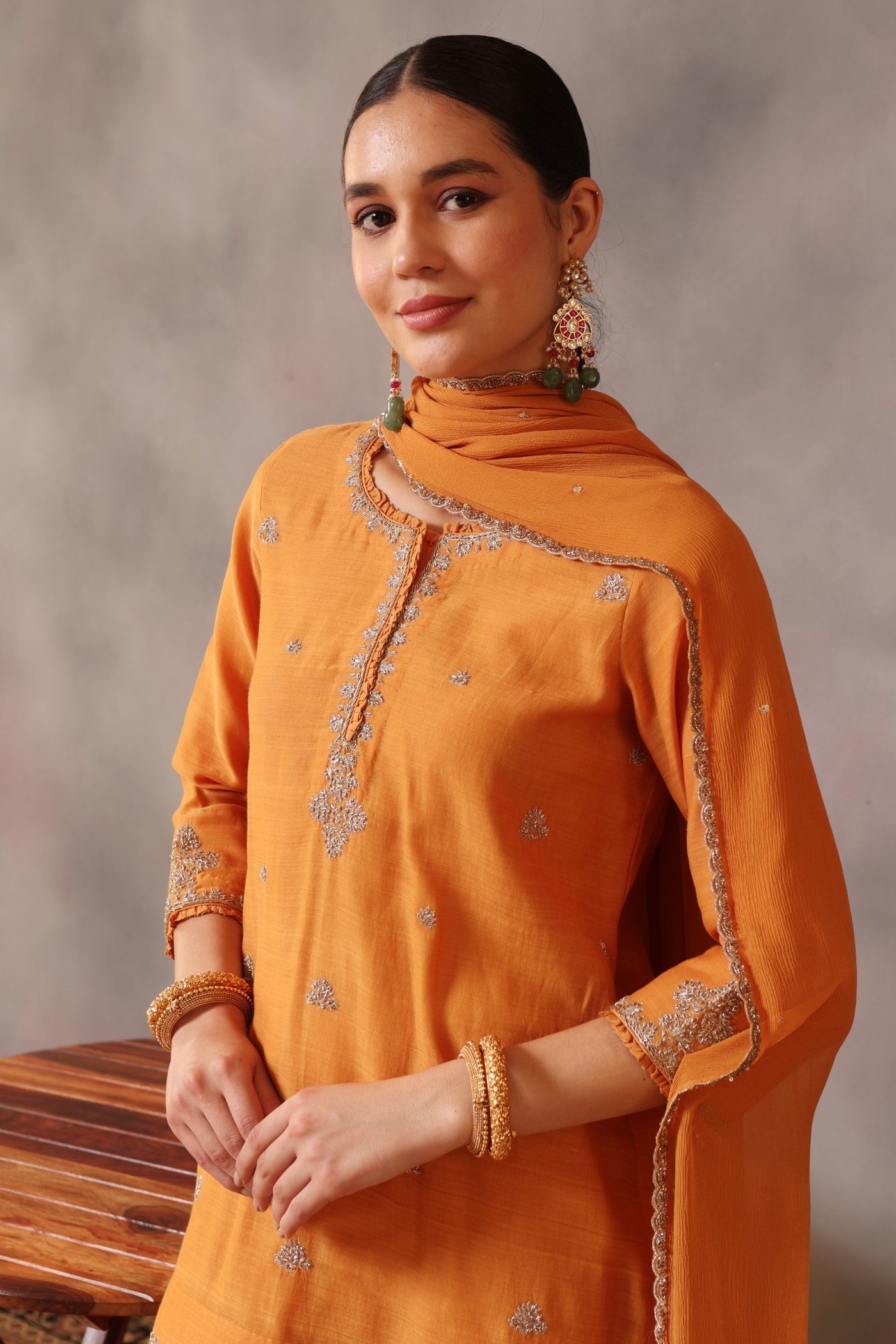 Hand Embroidered Dusty Mango Yellow Pure Cotton Silk Short Kurta Salwar Set