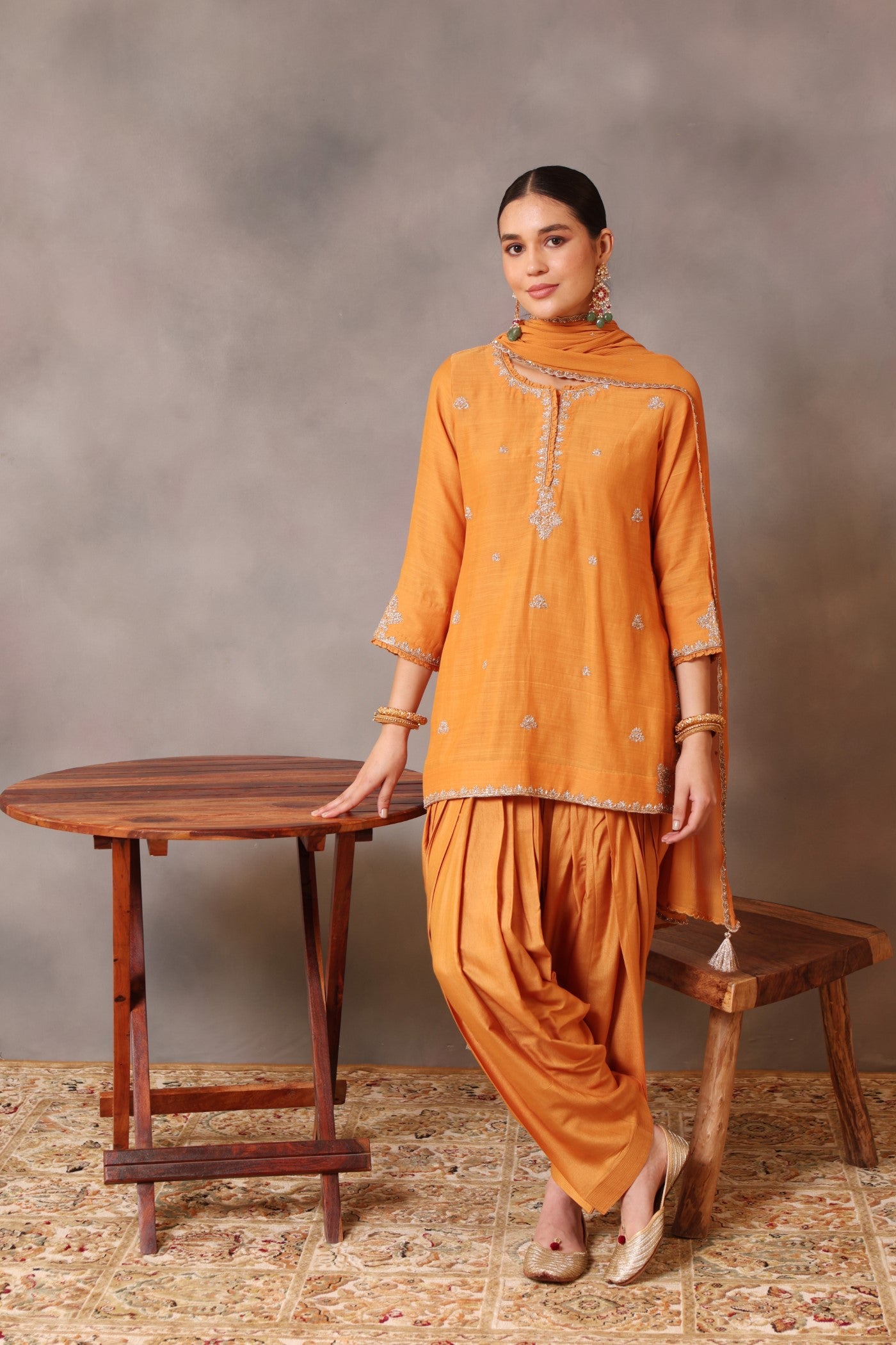 Hand Embroidered Dusty Mango Yellow Pure Cotton Silk Short Kurta Salwar Set