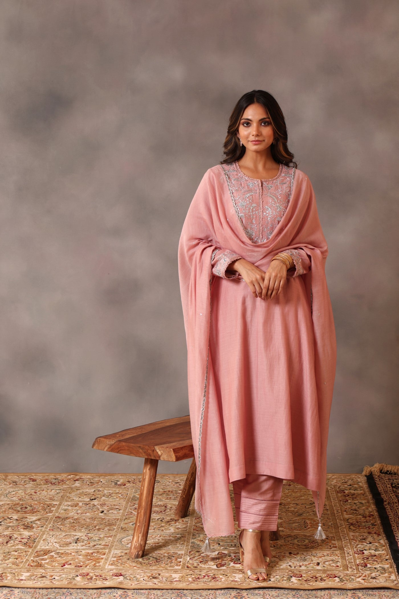 Hand Embroidered Dusty Pink Pure Cotton Silk Kurta Pants Set