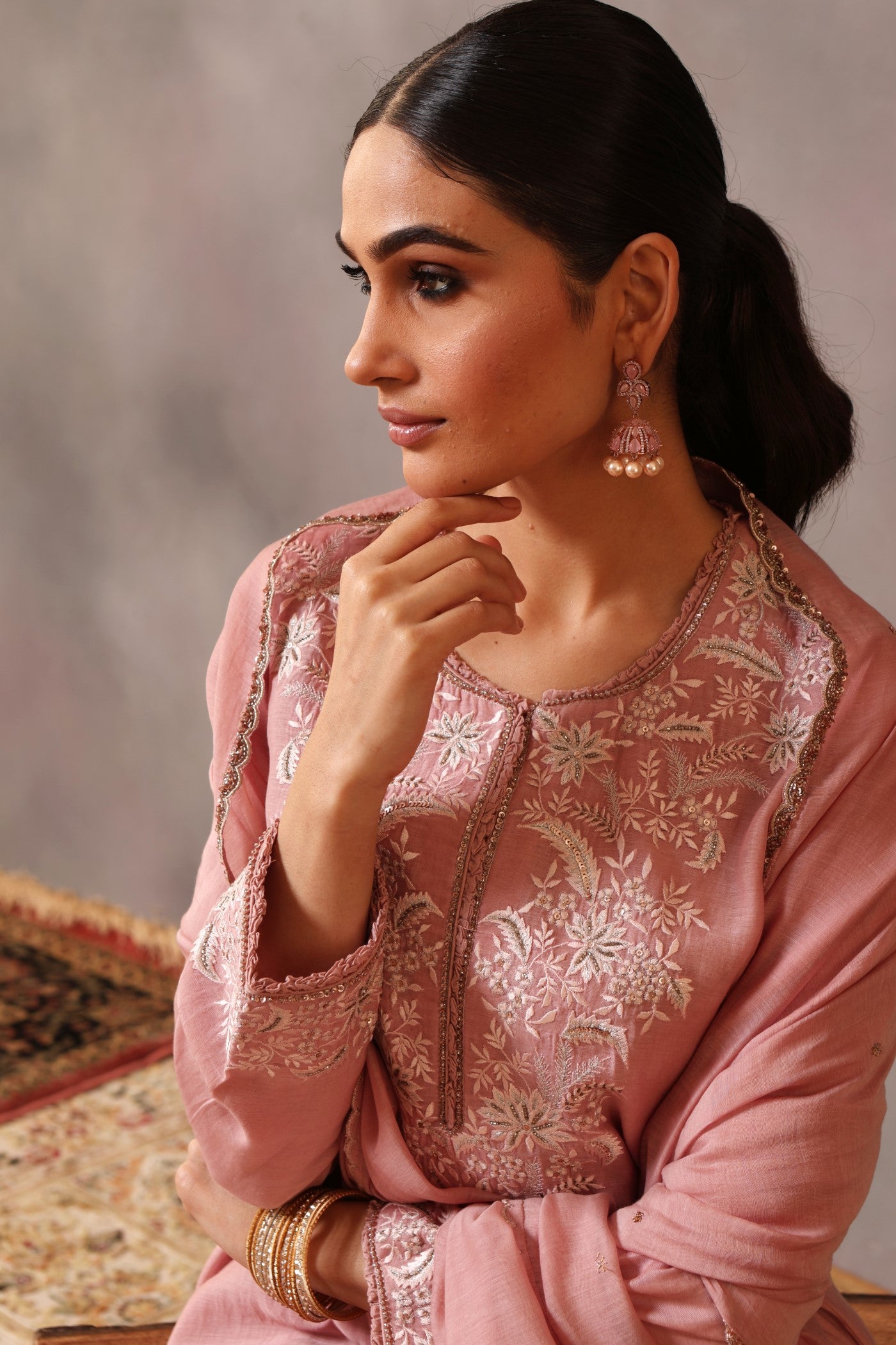 Hand Embroidered Dusty Pink Pure Cotton Silk Kurta Pants Set