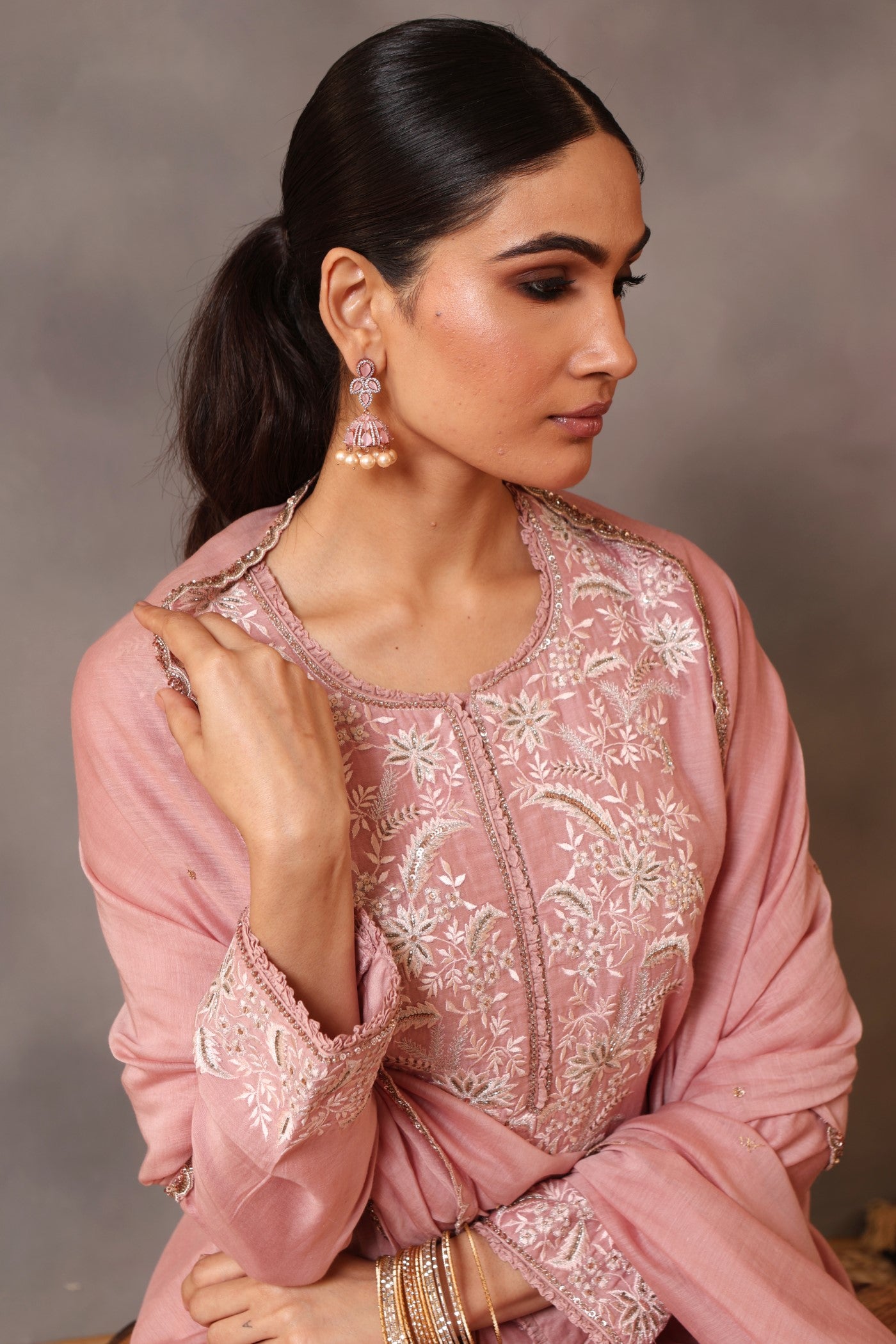 Hand Embroidered Dusty Pink Pure Cotton Silk Kurta Pants Set