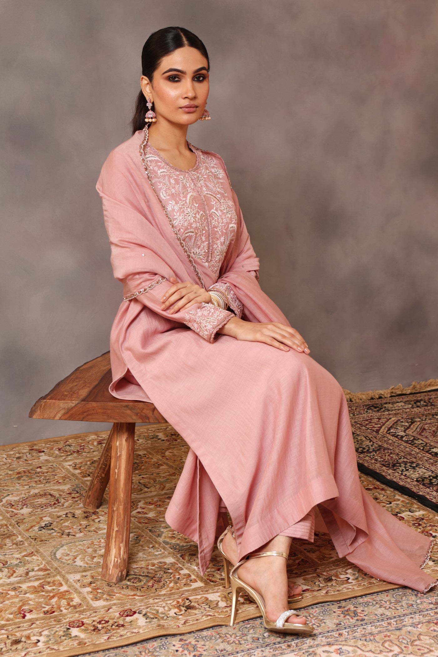Hand Embroidered Dusty Pink Pure Cotton Silk Kurta Pants Set