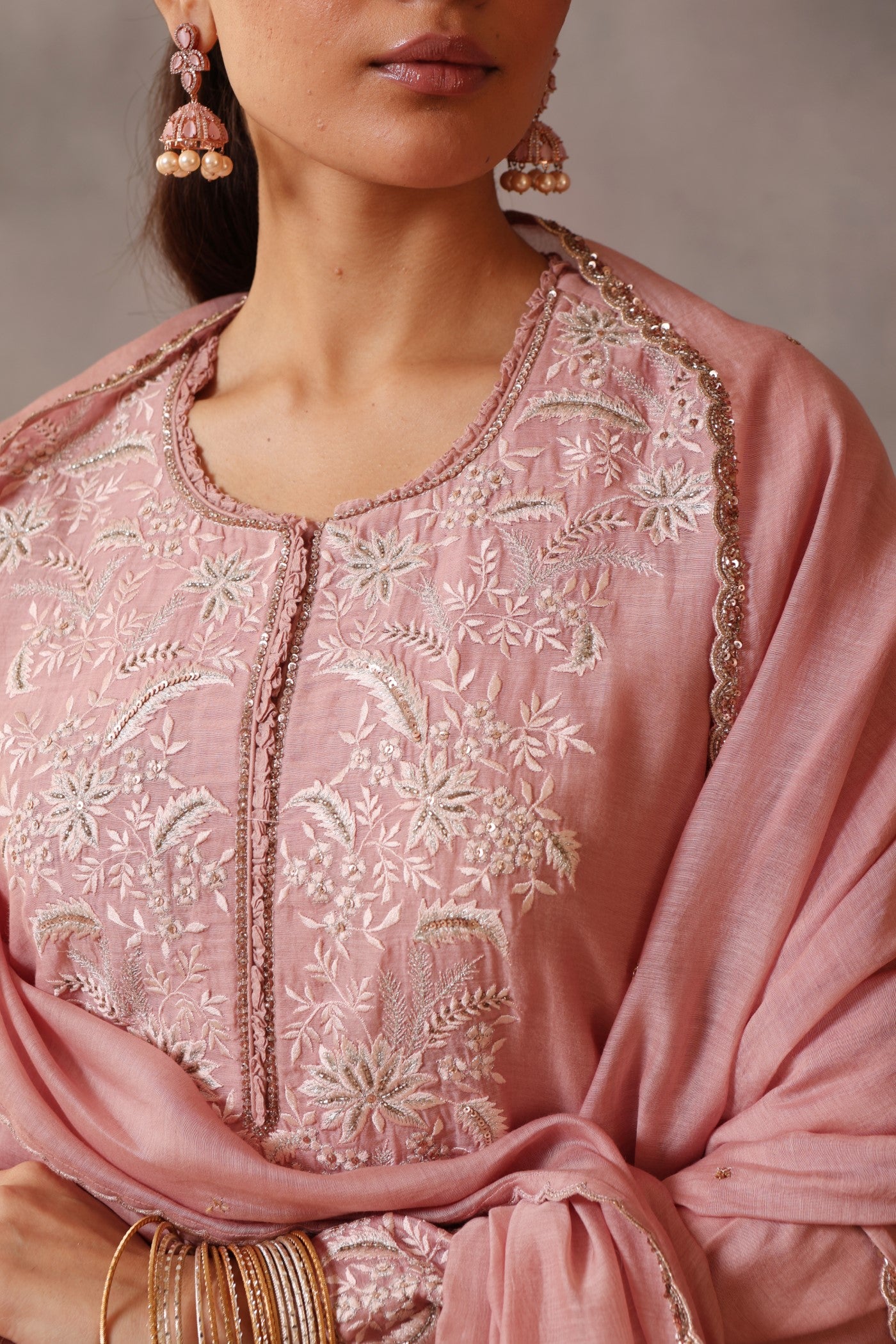 Hand Embroidered Dusty Pink Pure Cotton Silk Kurta Pants Set