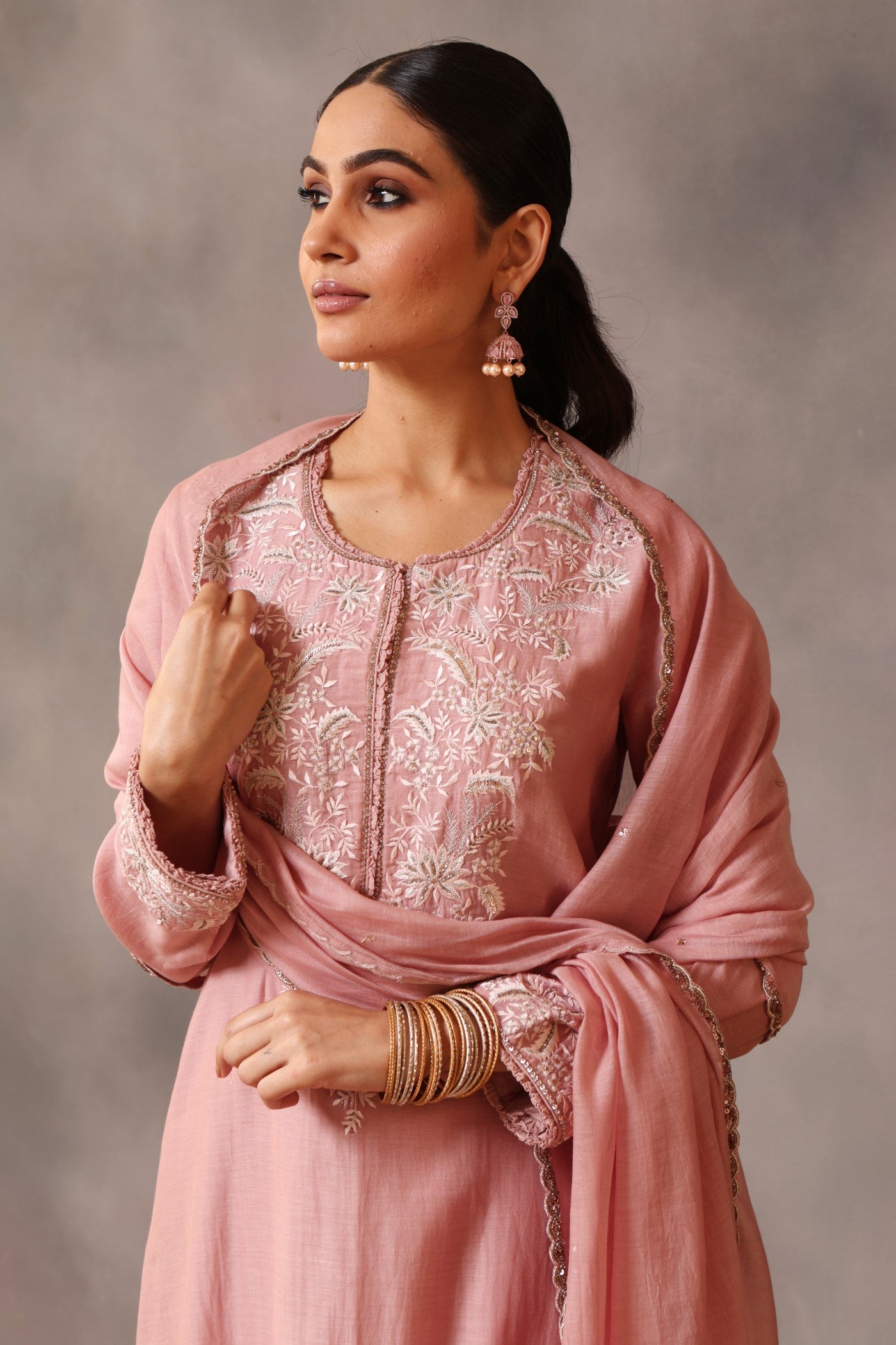 Hand Embroidered Dusty Pink Pure Cotton Silk Kurta Pants Set