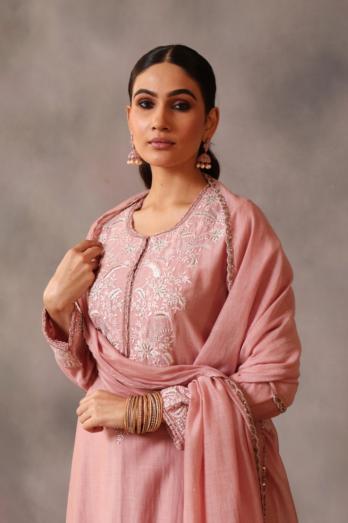 Hand Embroidered Dusty Pink Pure Cotton Silk Kurta Pants Set