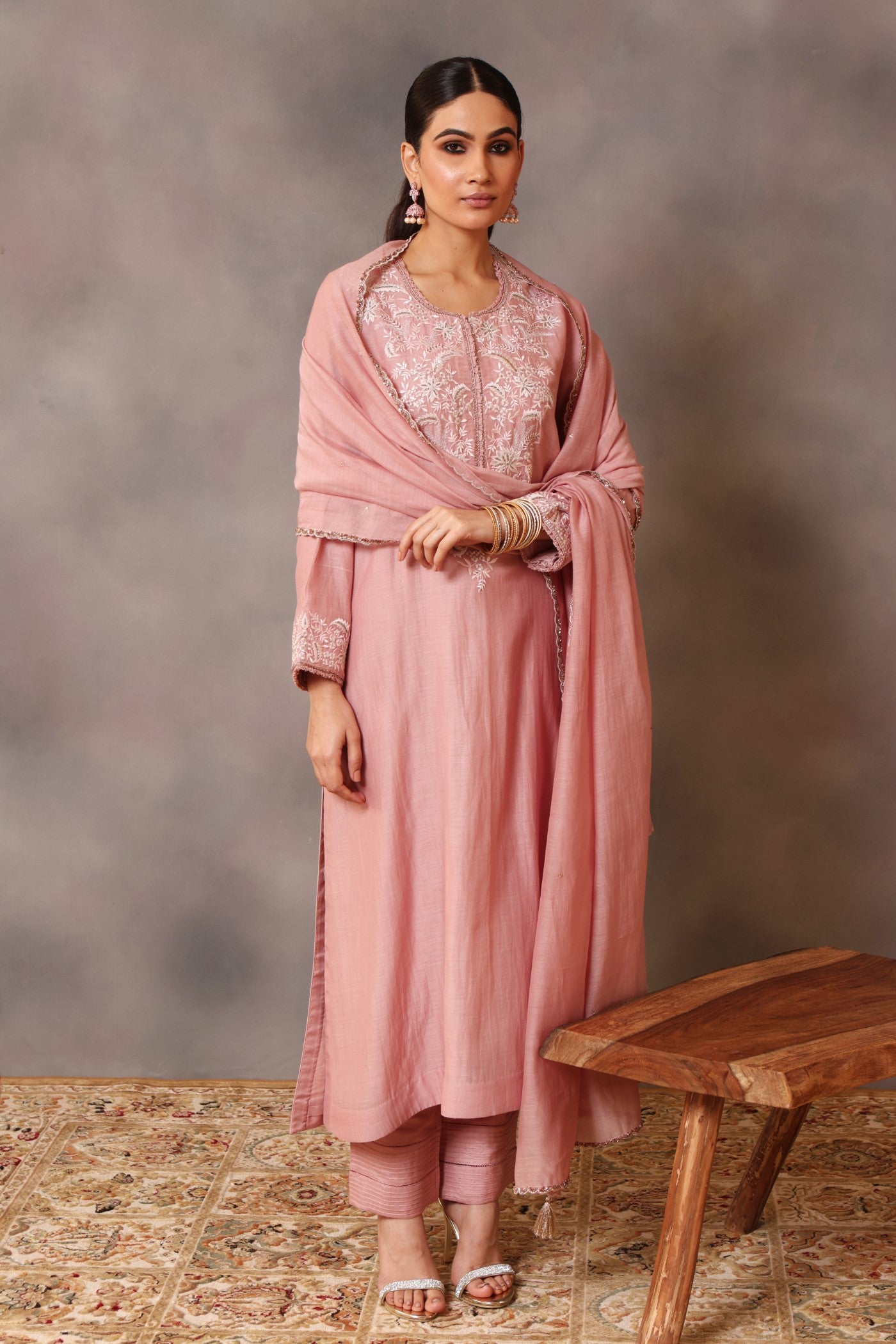 Hand Embroidered Dusty Pink Pure Cotton Silk Kurta Pants Set