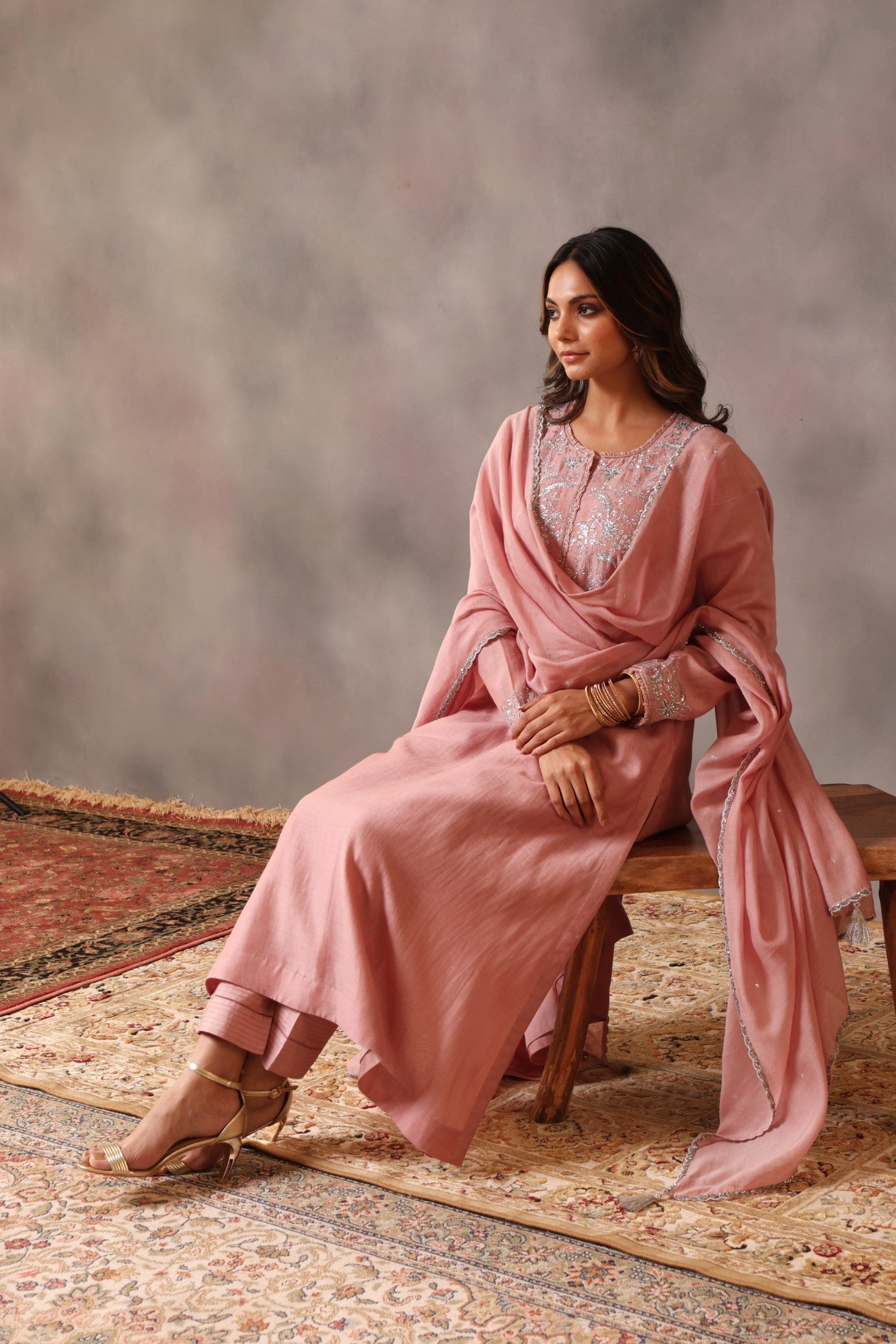 Hand Embroidered Dusty Pink Pure Cotton Silk Kurta Pants Set