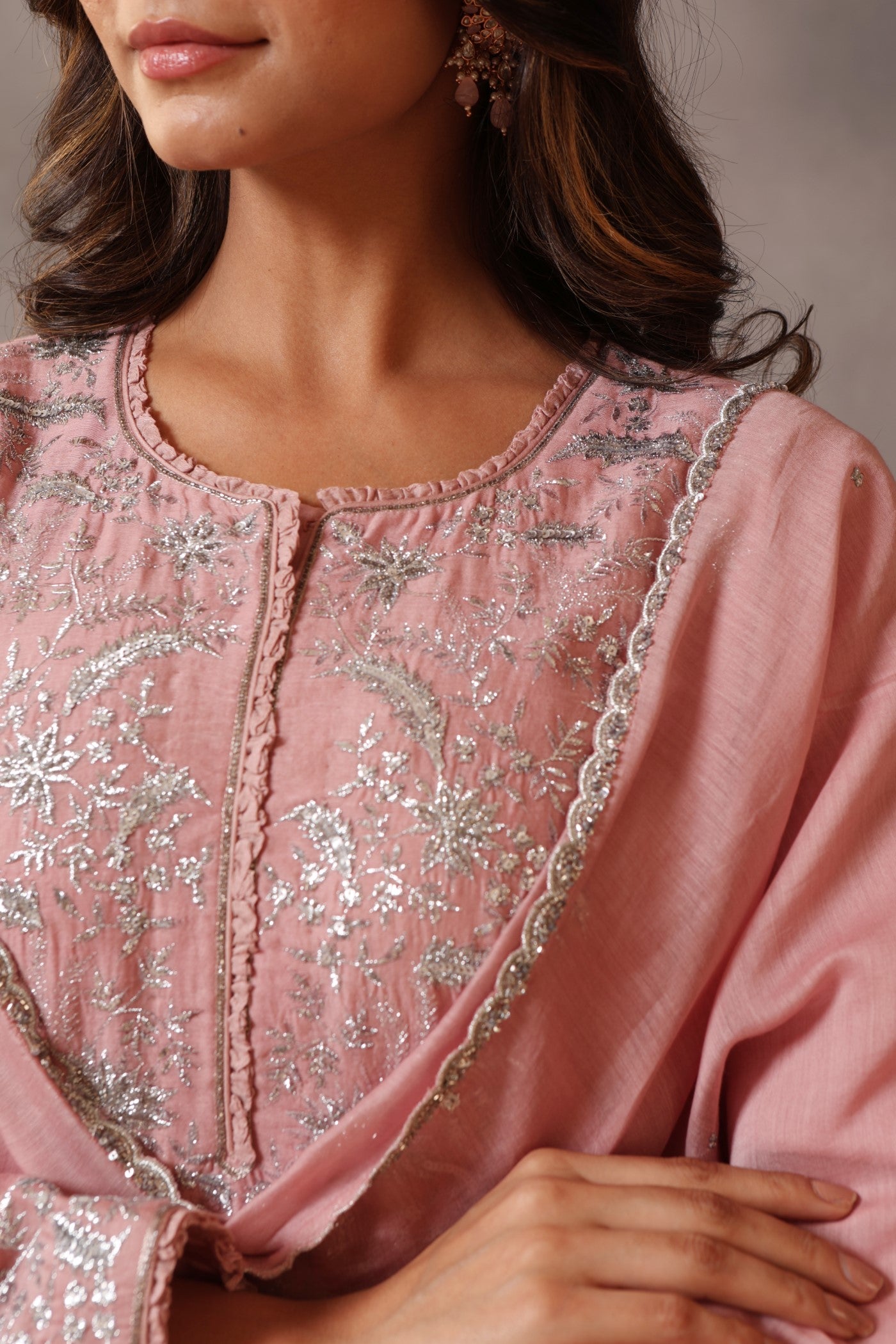 Hand Embroidered Dusty Pink Pure Cotton Silk Kurta Pants Set