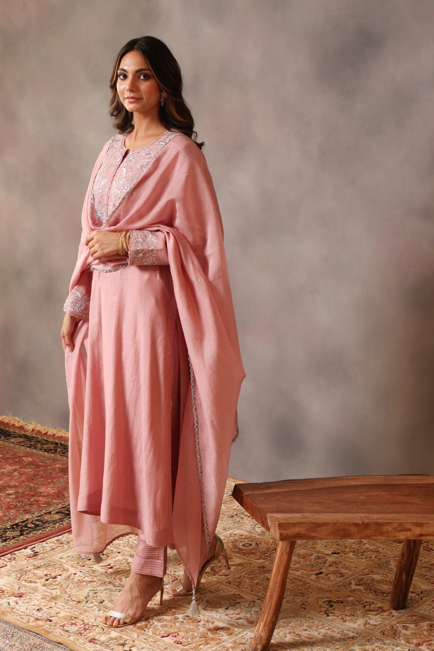 Hand Embroidered Dusty Pink Pure Cotton Silk Kurta Pants Set
