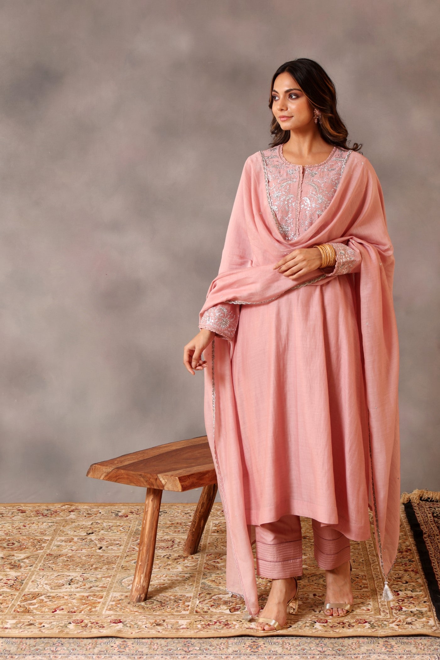 Hand Embroidered Dusty Pink Pure Cotton Silk Kurta Pants Set