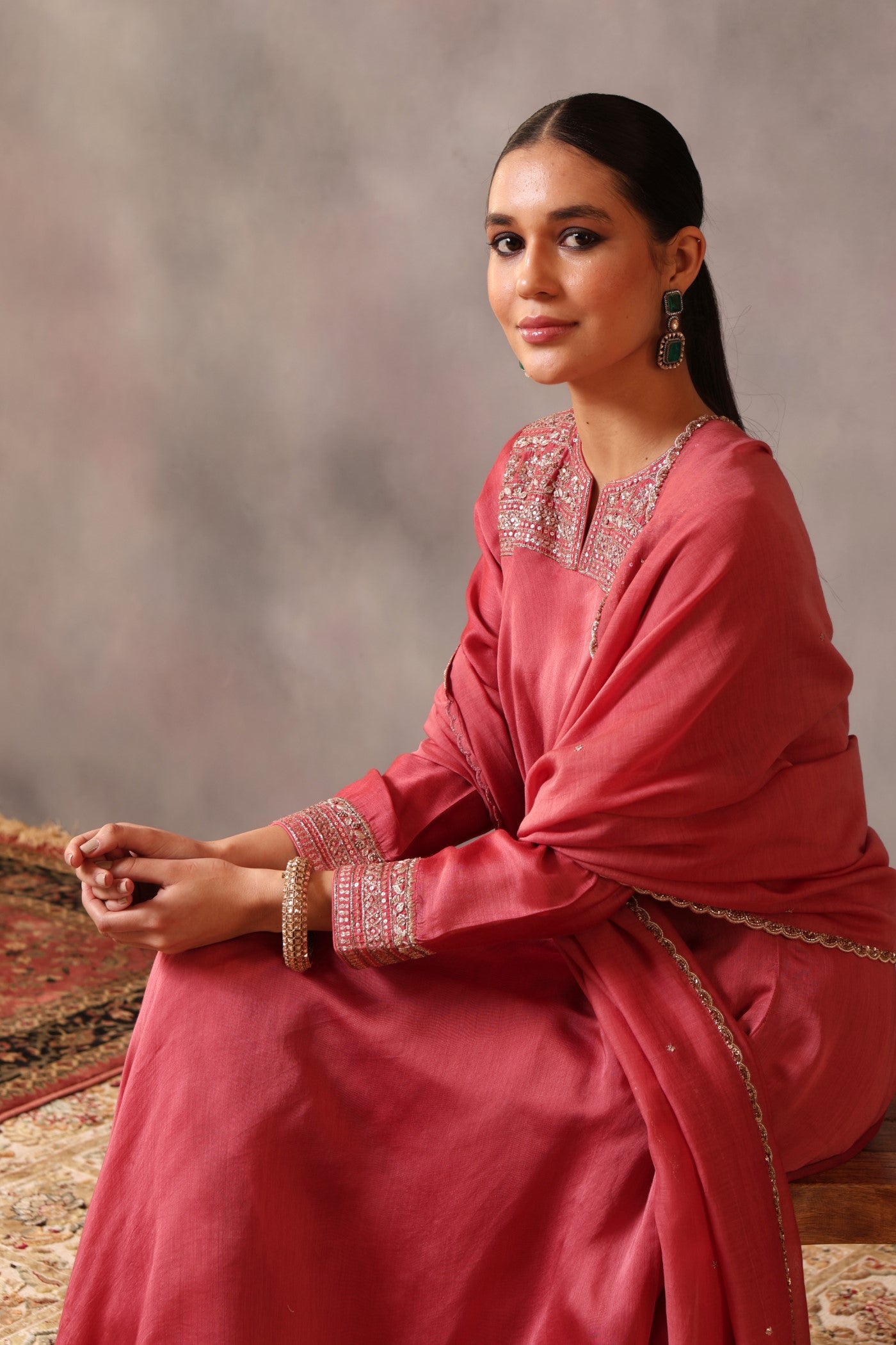 Hand Embroidered Desert Pink Pure Cotton Silk Kurta Pants Set