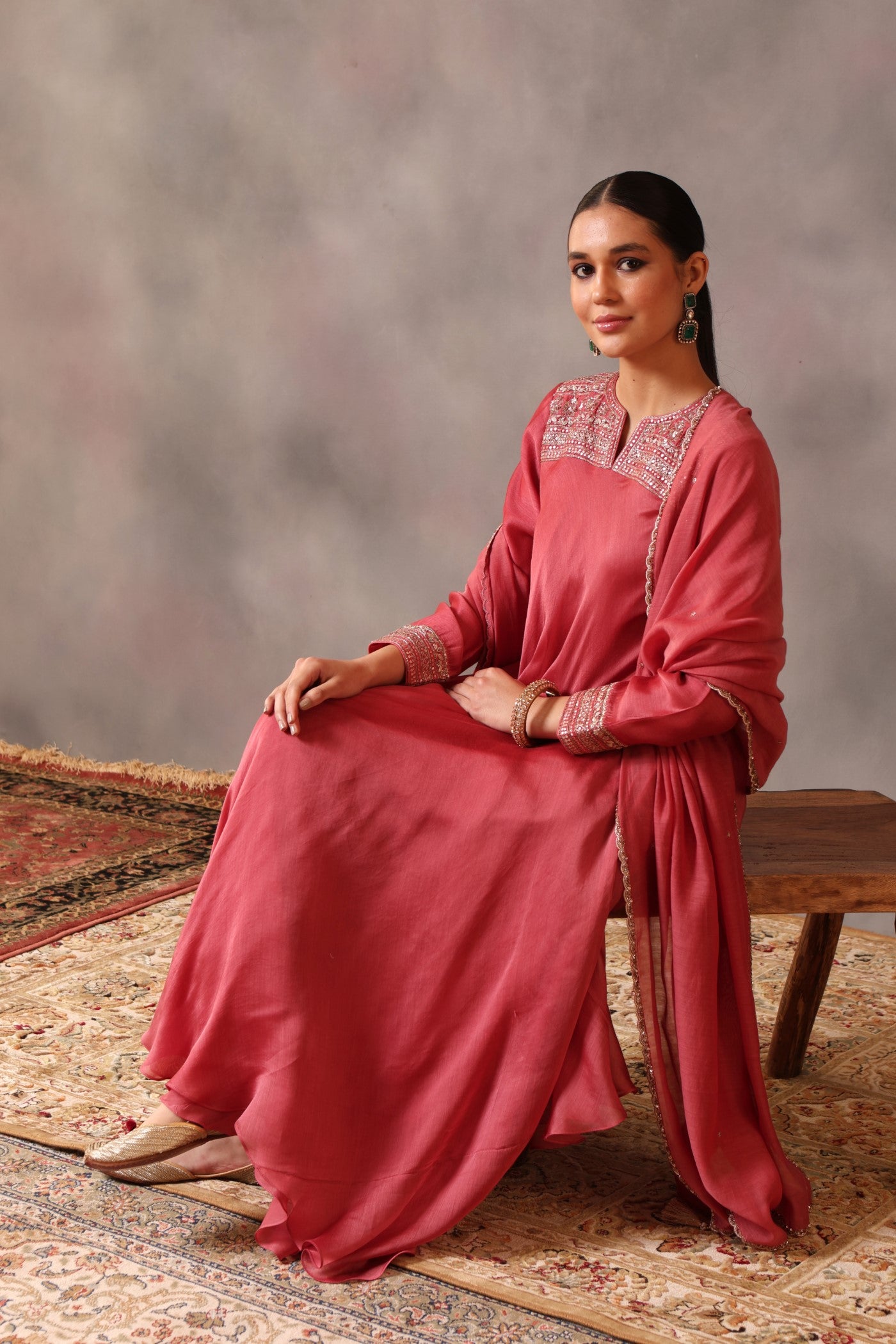 Hand Embroidered Desert Pink Pure Cotton Silk Kurta Pants Set