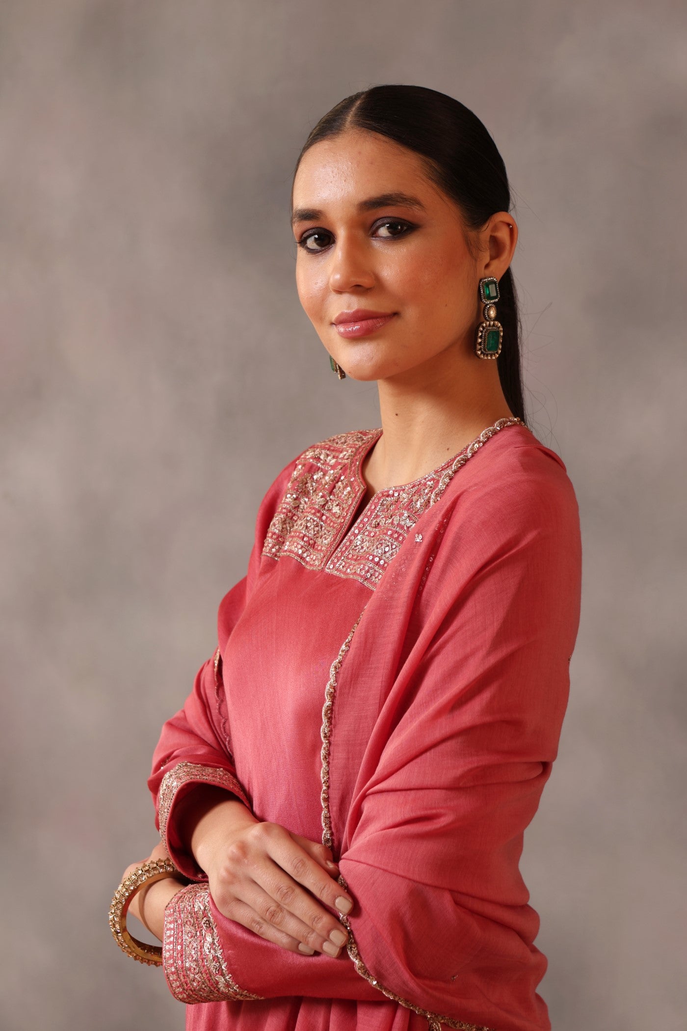 Hand Embroidered Desert Pink Pure Cotton Silk Kurta Pants Set