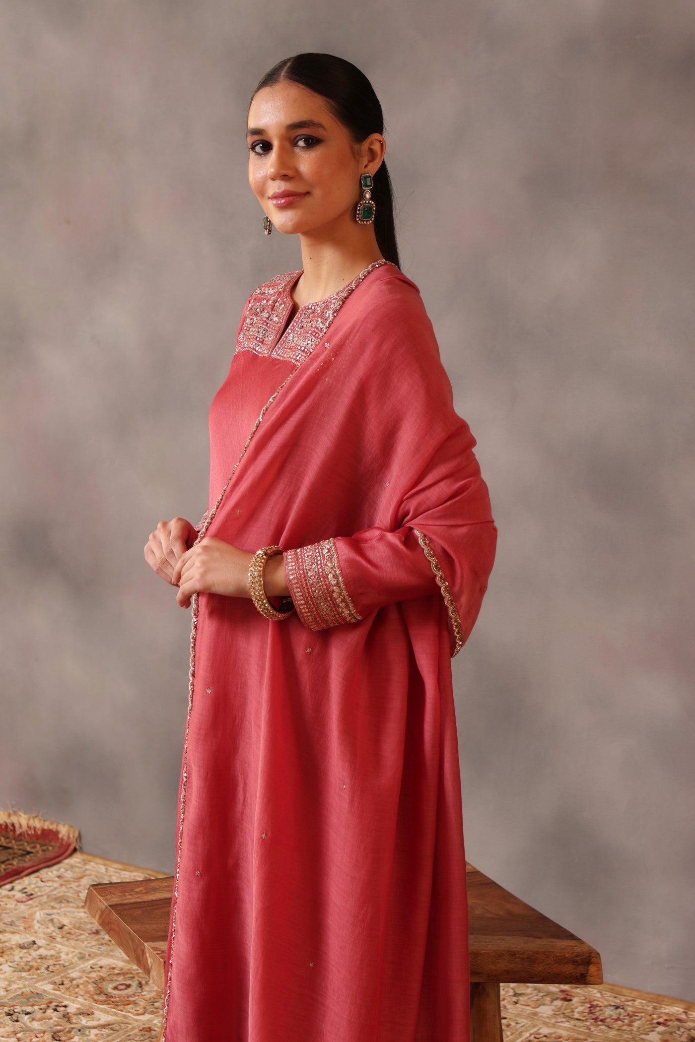 Hand Embroidered Desert Pink Pure Cotton Silk Kurta Pants Set