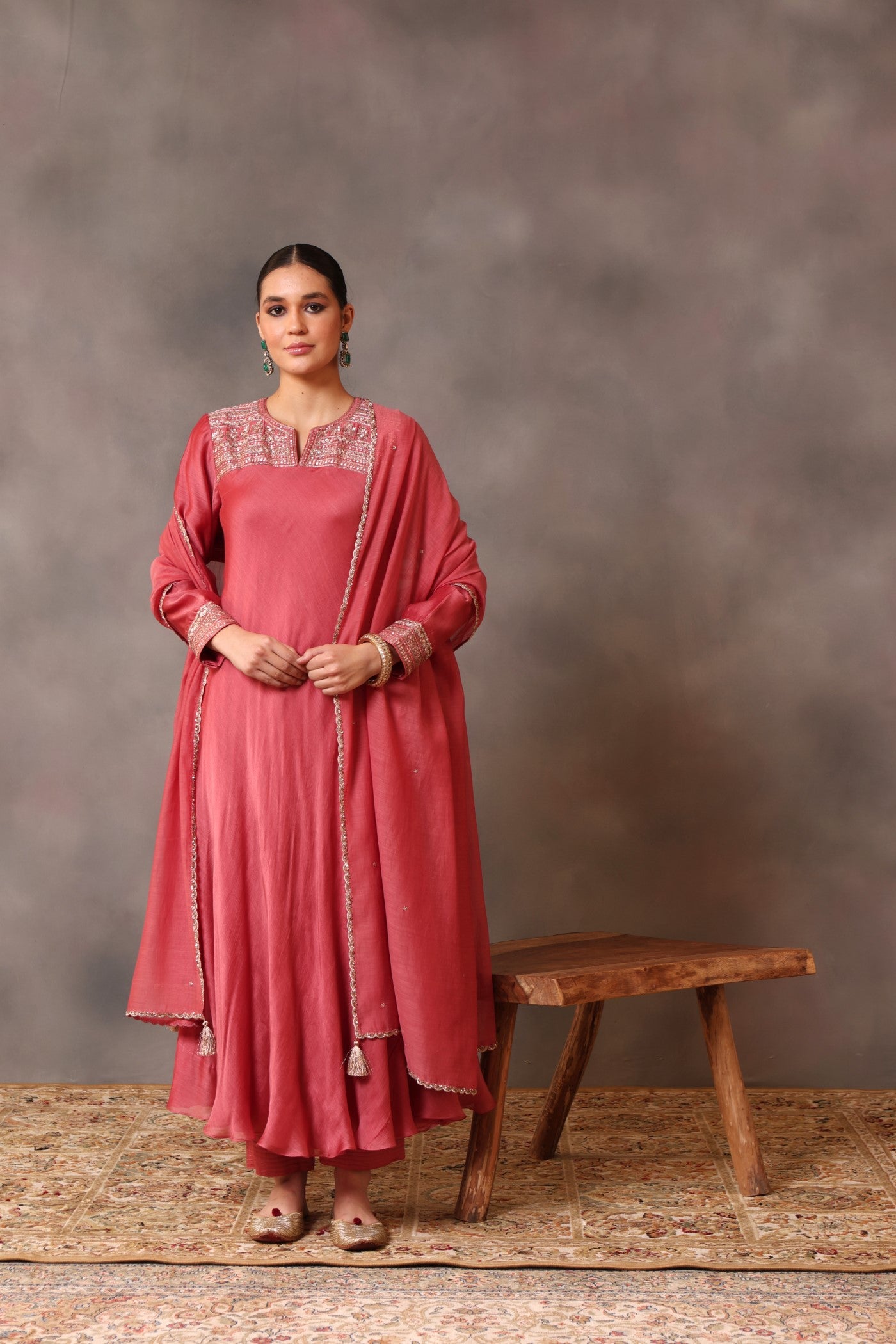 Hand Embroidered Desert Pink Pure Cotton Silk Kurta Pants Set