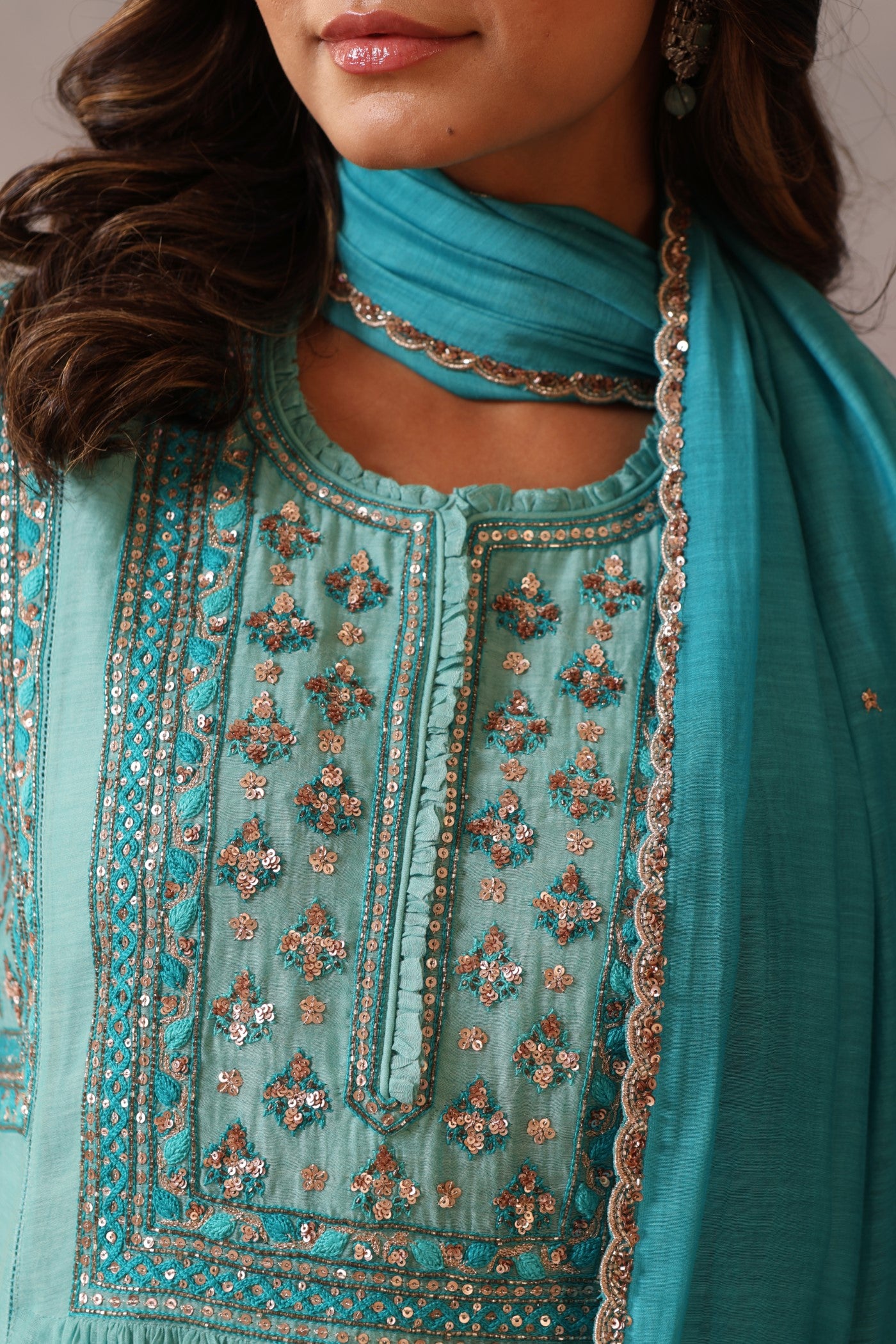 Hand Embroidered Turquoise Blue Pure Cotton Silk Kurta Pants Set