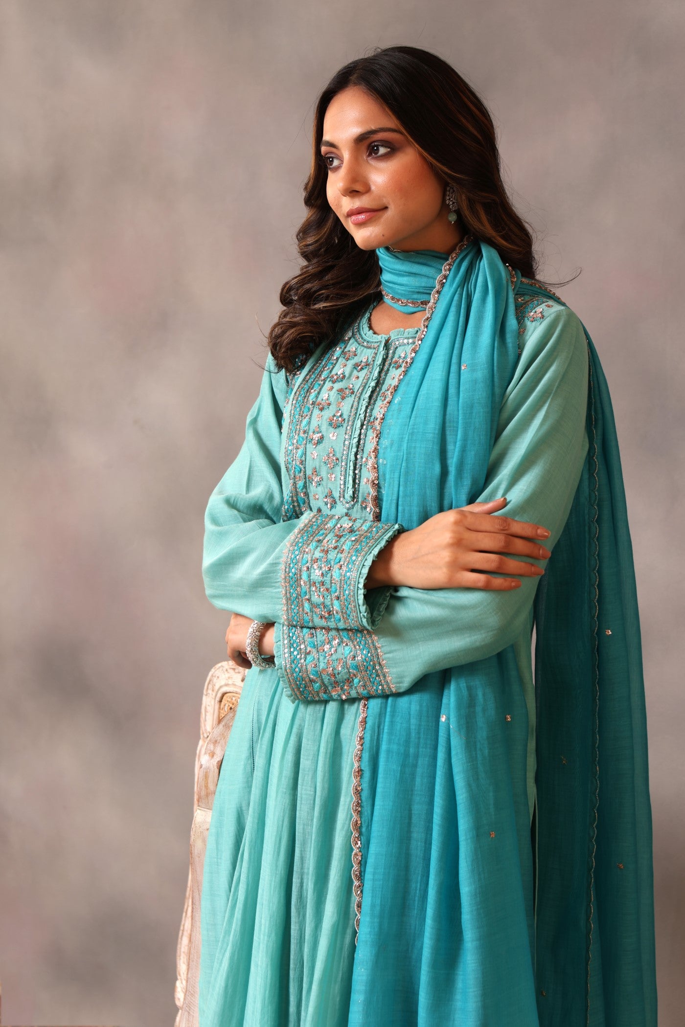 Hand Embroidered Turquoise Blue Pure Cotton Silk Kurta Pants Set