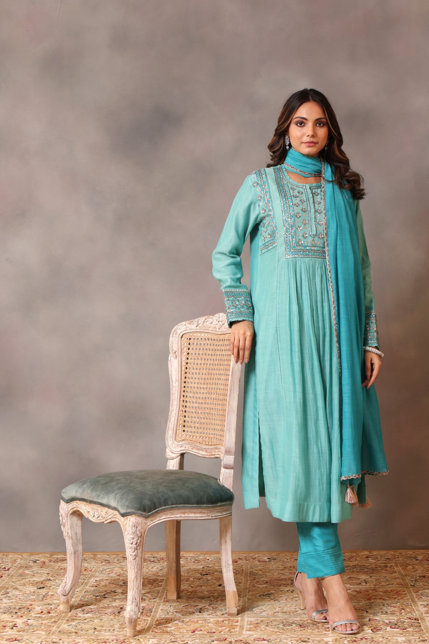 Hand Embroidered Turquoise Blue Pure Cotton Silk Kurta Pants Set