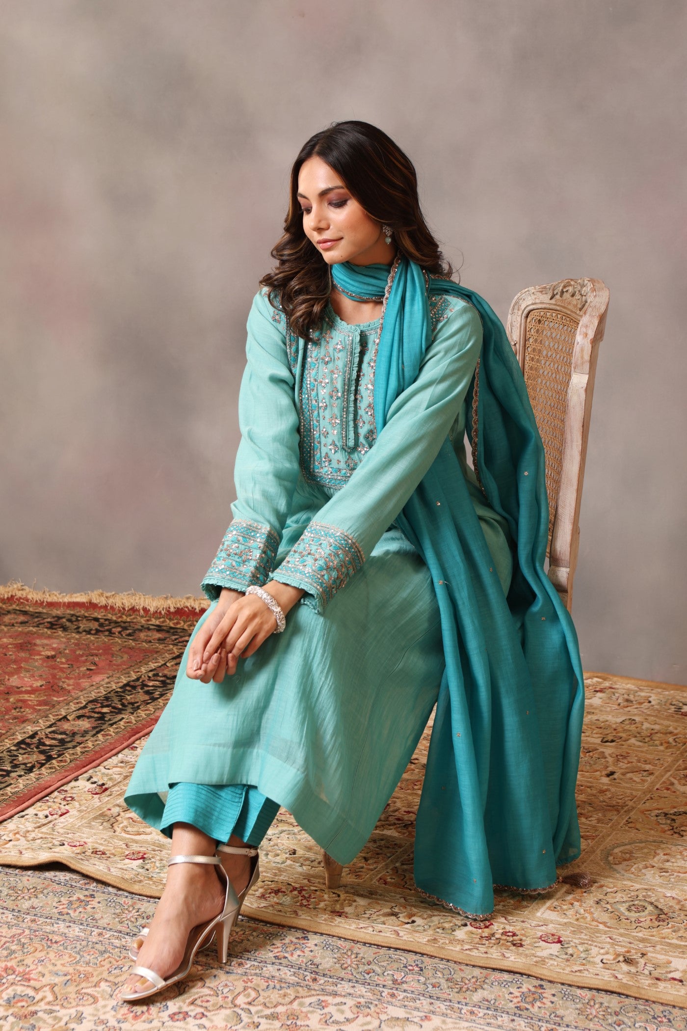 Hand Embroidered Turquoise Blue Pure Cotton Silk Kurta Pants Set