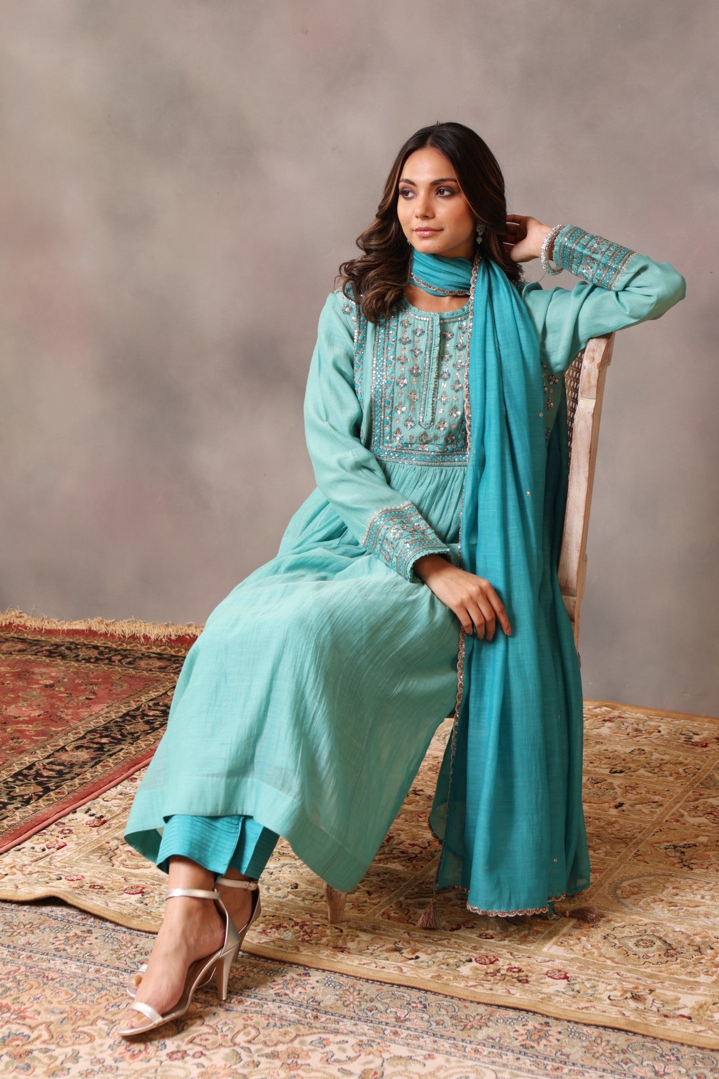 Hand Embroidered Turquoise Blue Pure Cotton Silk Kurta Pants Set