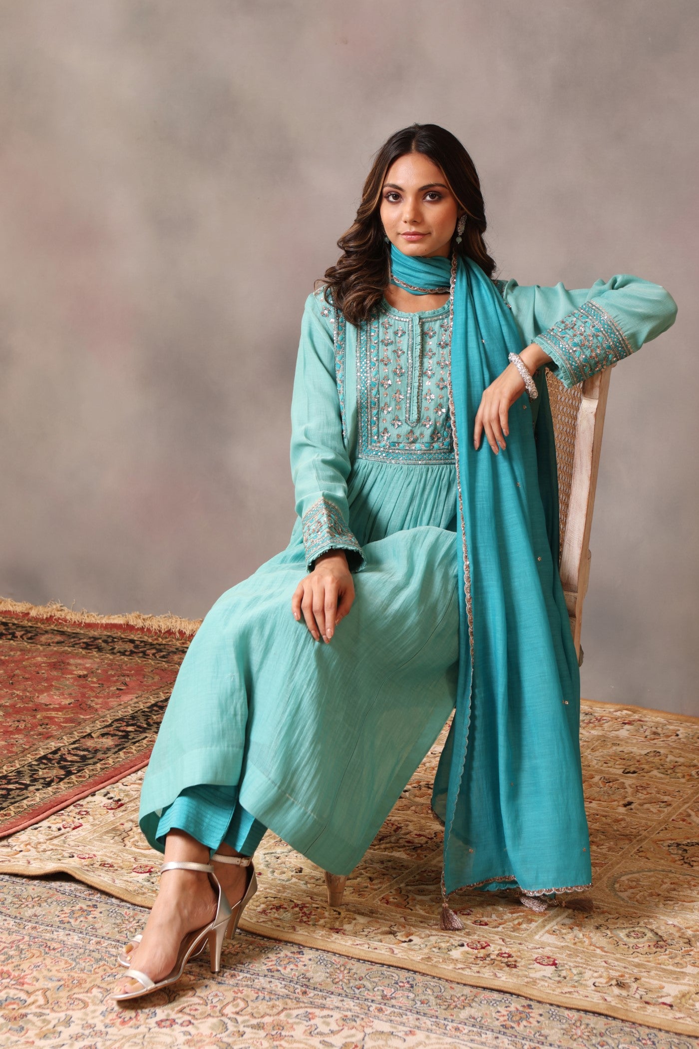 Hand Embroidered Turquoise Blue Pure Cotton Silk Kurta Pants Set
