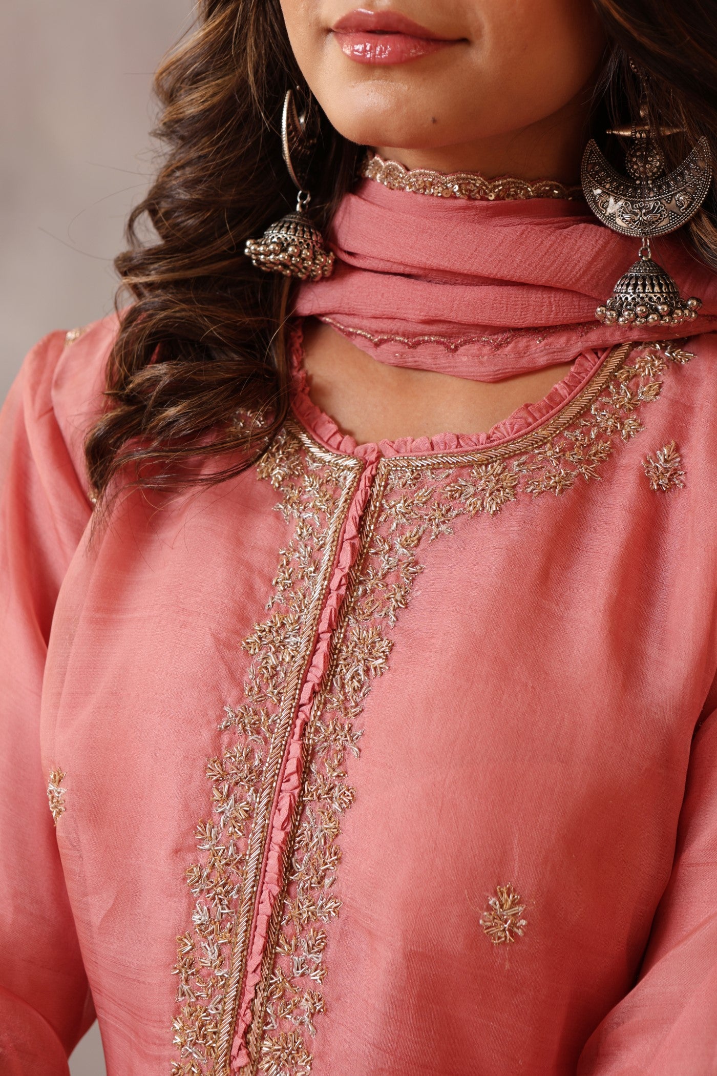Hand Embroidered Blush Pink Pure Katan Silk Kurta Sharara Set