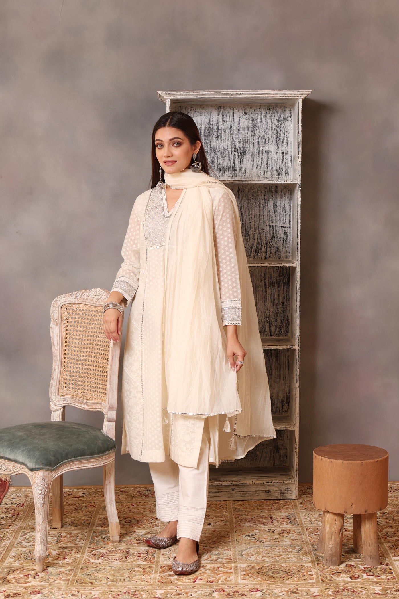 Embroidered Ivory Pure Cotton Silk Kurta Pants Set