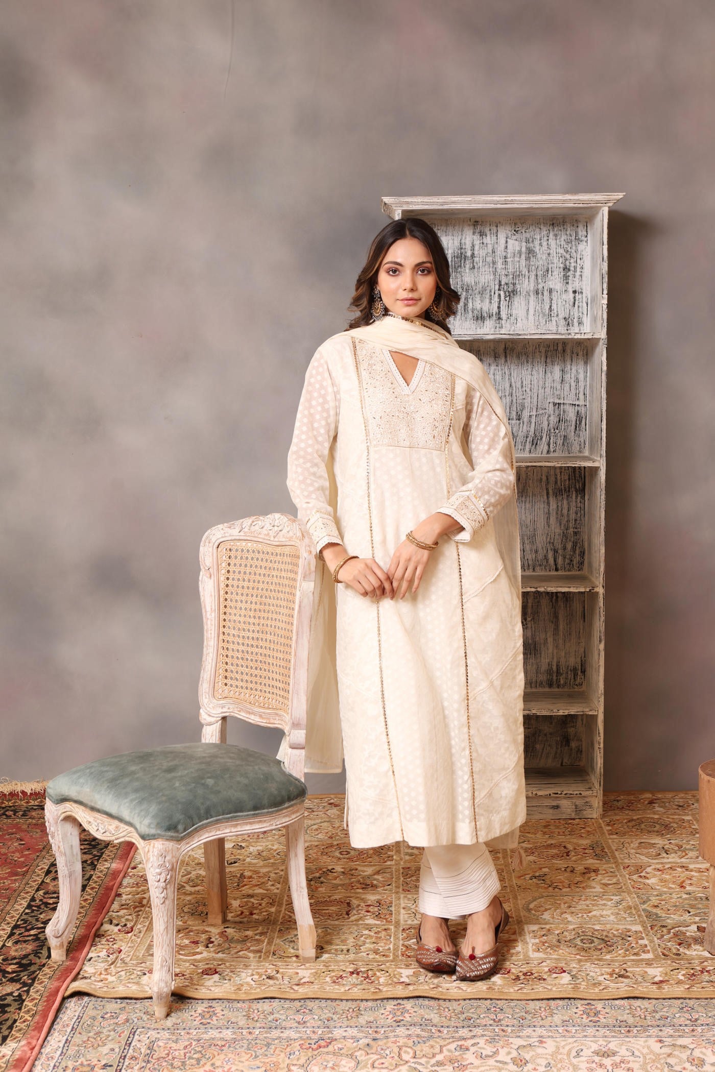 Embroidered Ivory Pure Cotton Silk Kurta Pants Set