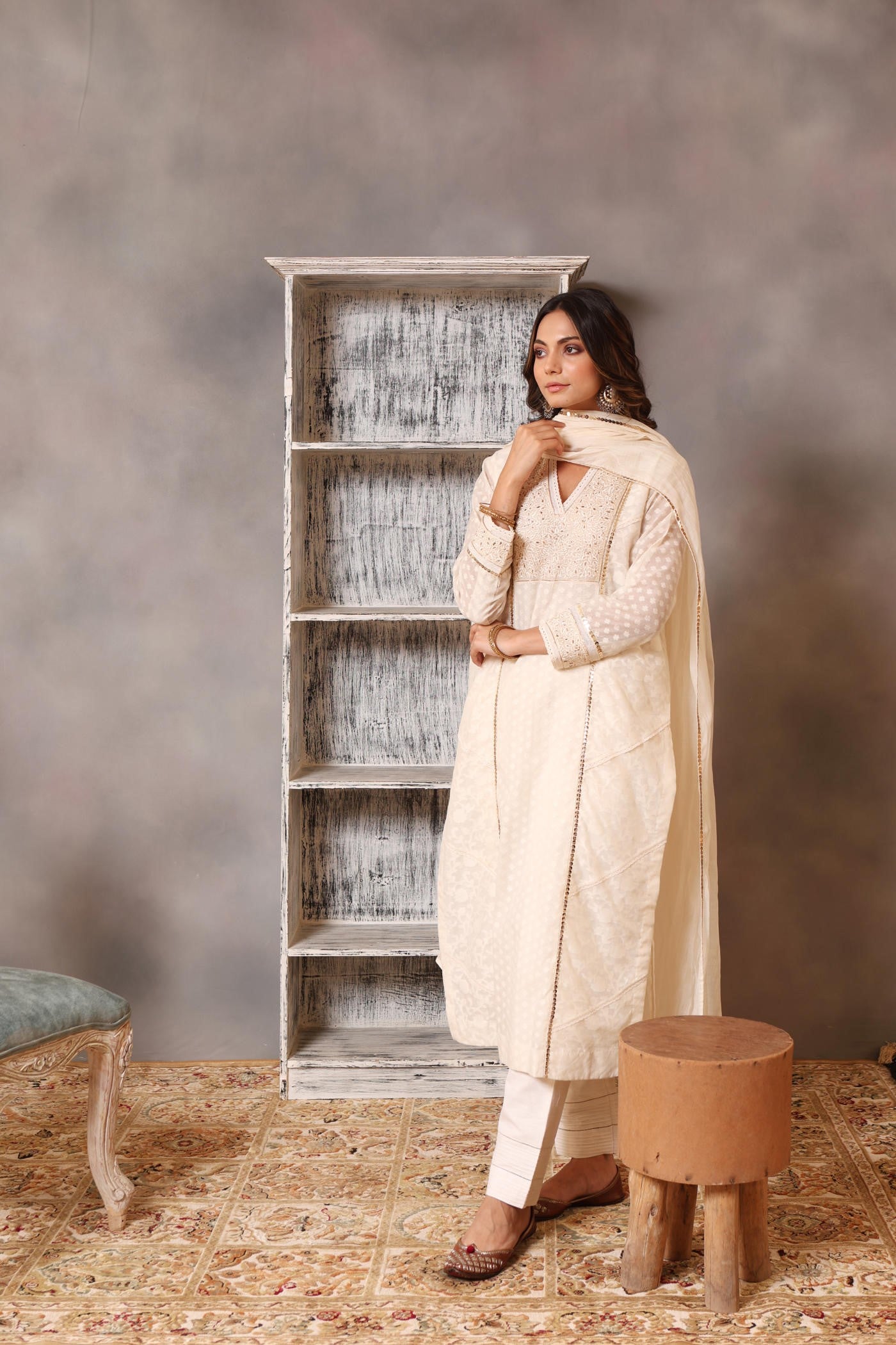 Embroidered Ivory Pure Cotton Silk Kurta Pants Set