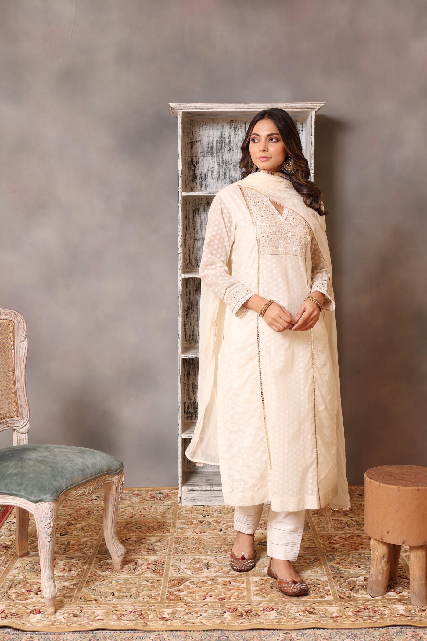 Embroidered Ivory Pure Cotton Silk Kurta Pants Set