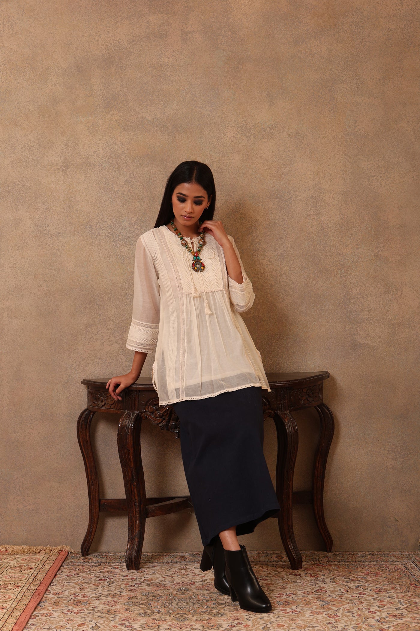 Off-White Pure Silk-Cotton (Cutwork) Short Blouse With Smocking Detail & Hand-Made Tassels